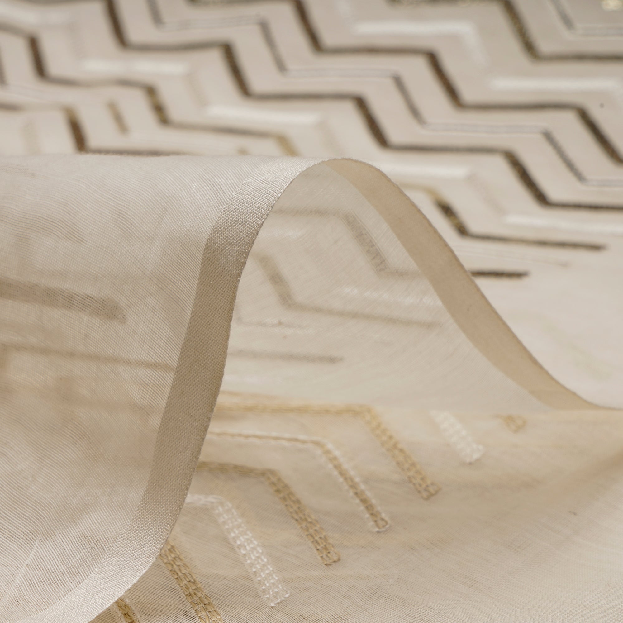 (Pre-Cut 2.00 Mtr)Off White-Gold Dyeable All Over Pattern Embroidered Chanderi Fabric