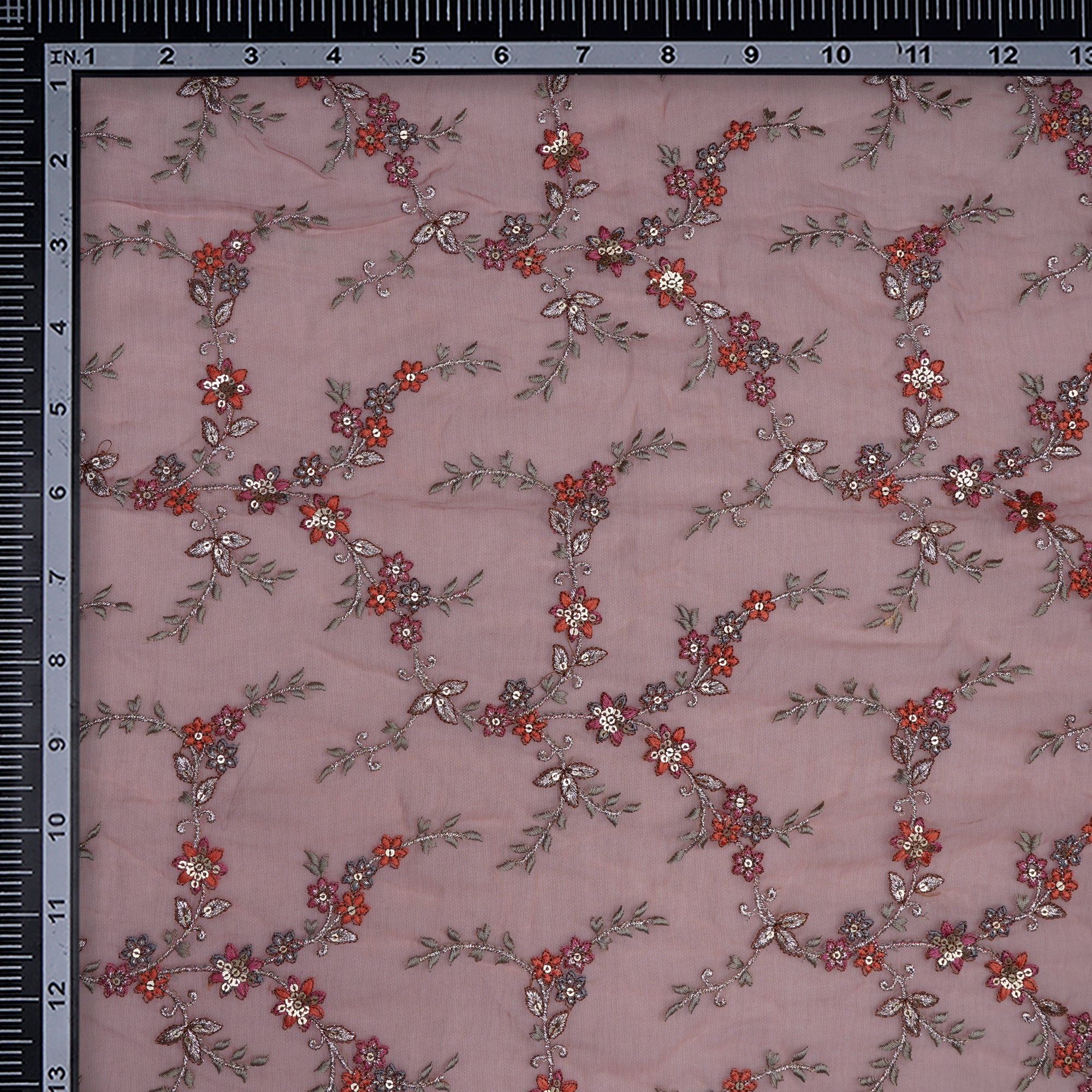 (Pre-Cut 0.50 Mtr)Baby Pink Floral Pattern Thread Sequins Embroidered Bemberg Chiffon Fabric