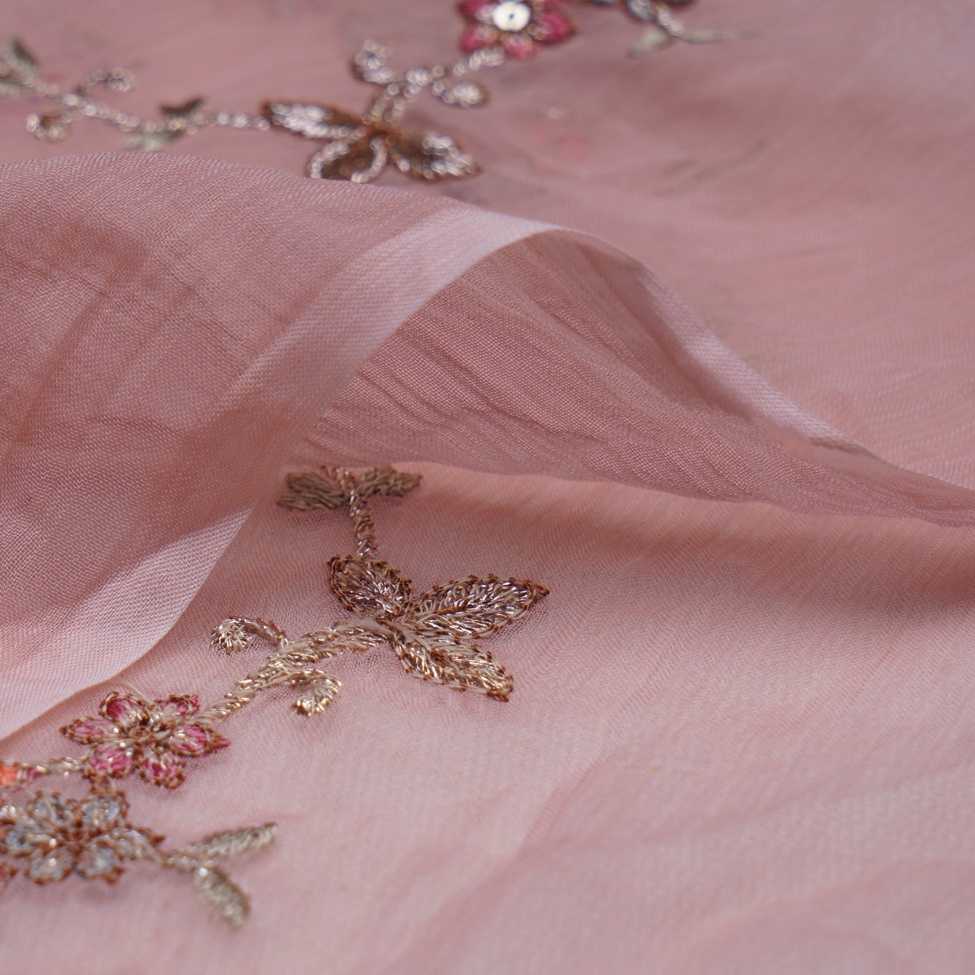 (Pre-Cut 0.50 Mtr)Baby Pink Floral Pattern Thread Sequins Embroidered Bemberg Chiffon Fabric