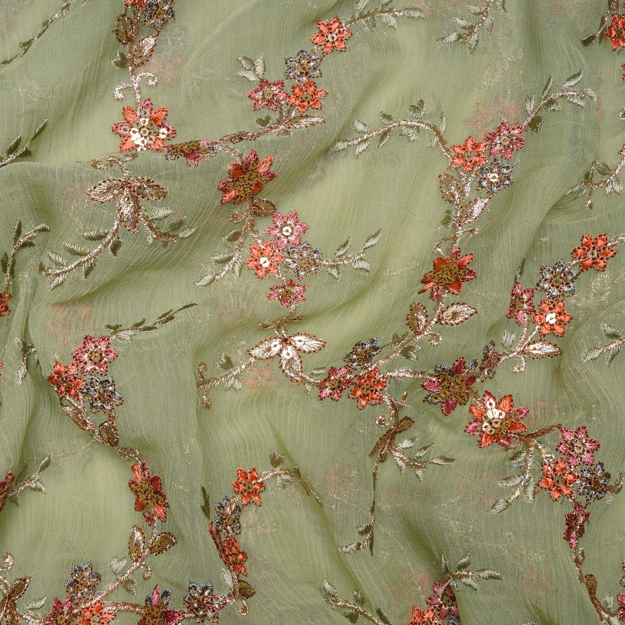 (Pre-Cut 1.40 Mtr)Lime Green Floral Pattern Thread Sequins Embroidered Bemberg Chiffon Fabric