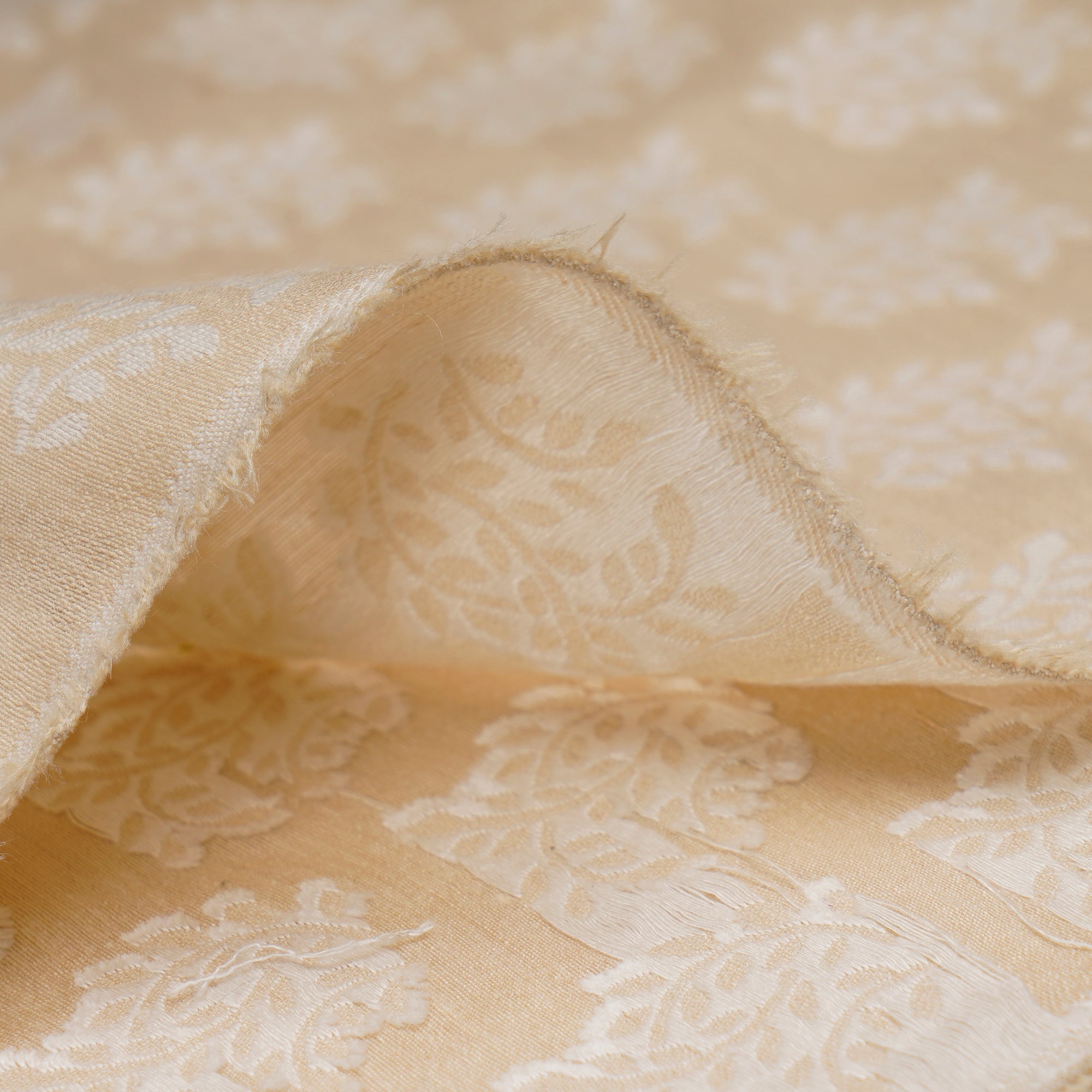 (Pre-Cut 0.65 Mtr)Beige-White Muga Silk Jacquard Fabric