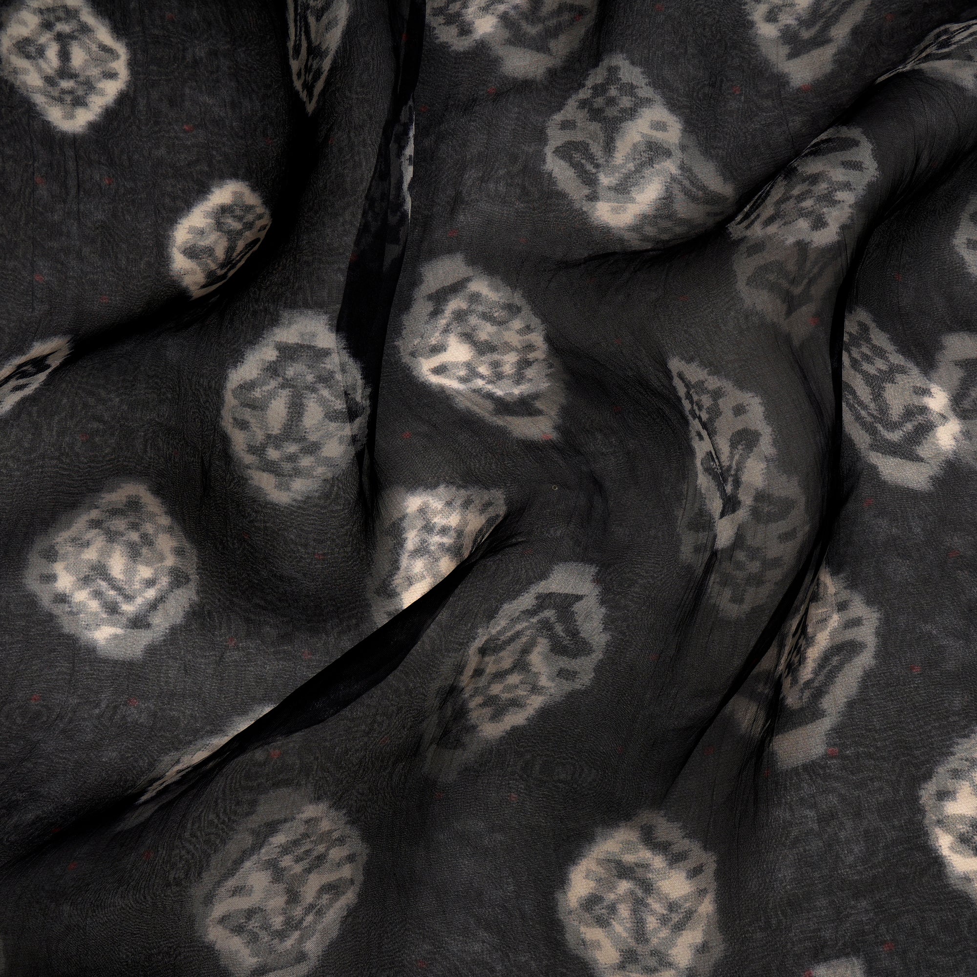 (Pre-Cut 3.50 Mtr)Black Ikat Pattern Digital Printed Organza Silk Fabric