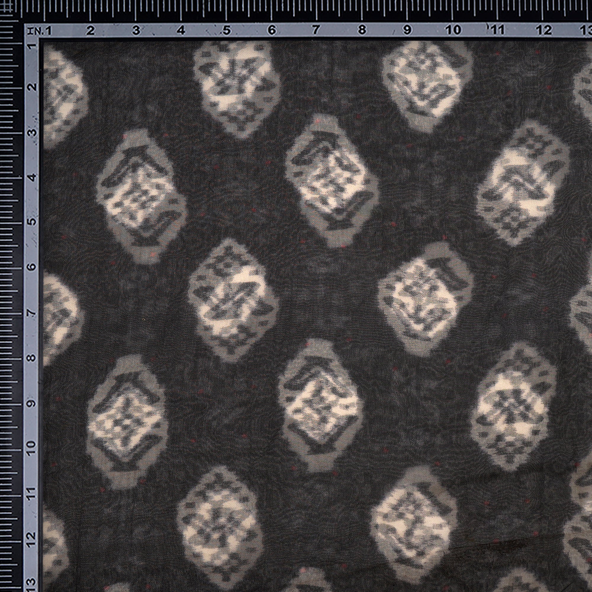 (Pre-Cut 3.50 Mtr)Black Ikat Pattern Digital Printed Organza Silk Fabric