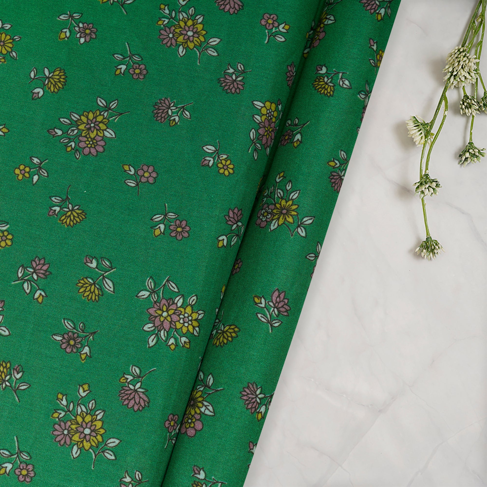 (Pre-Cut 2.25 Mtr)Green Floral Pattern Digital Printed Cotton Fabric