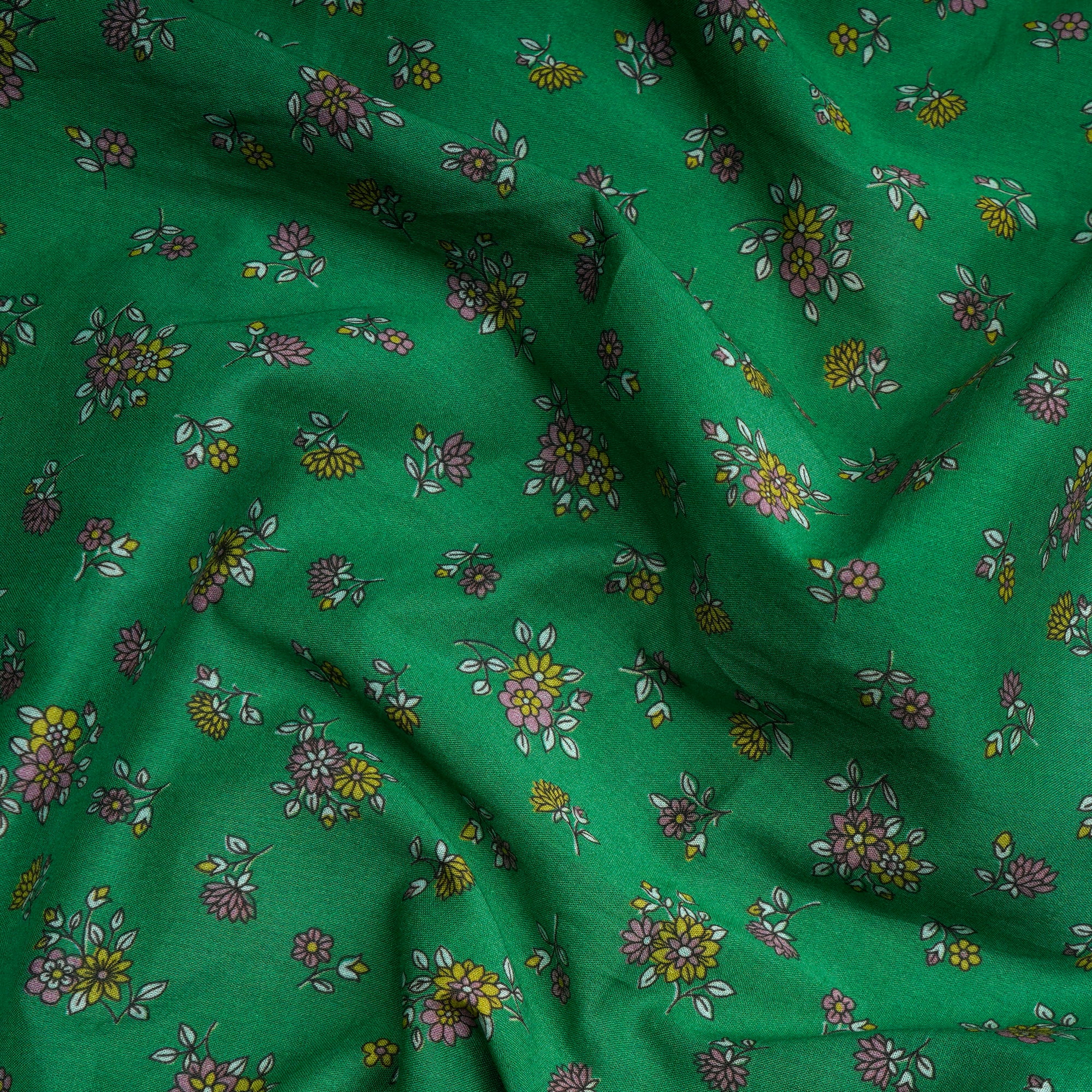 (Pre-Cut 2.25 Mtr)Green Floral Pattern Digital Printed Cotton Fabric