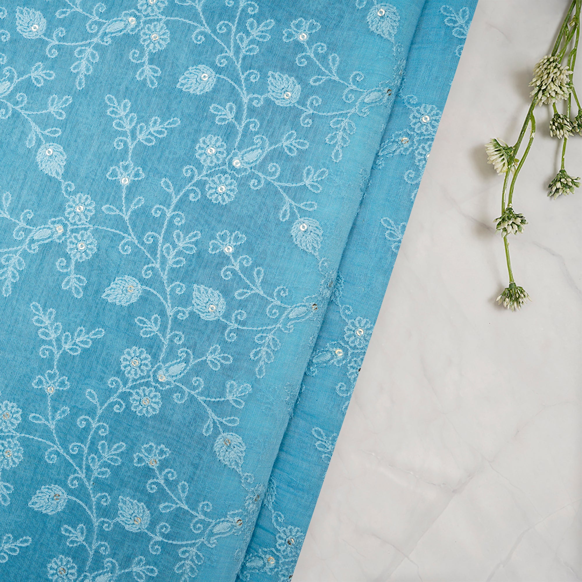 (Pre-Cut 1.20 Mtr) Sky Blue Floral Pattern Thread & Sequins Embroidered Fine Chanderi Fabric