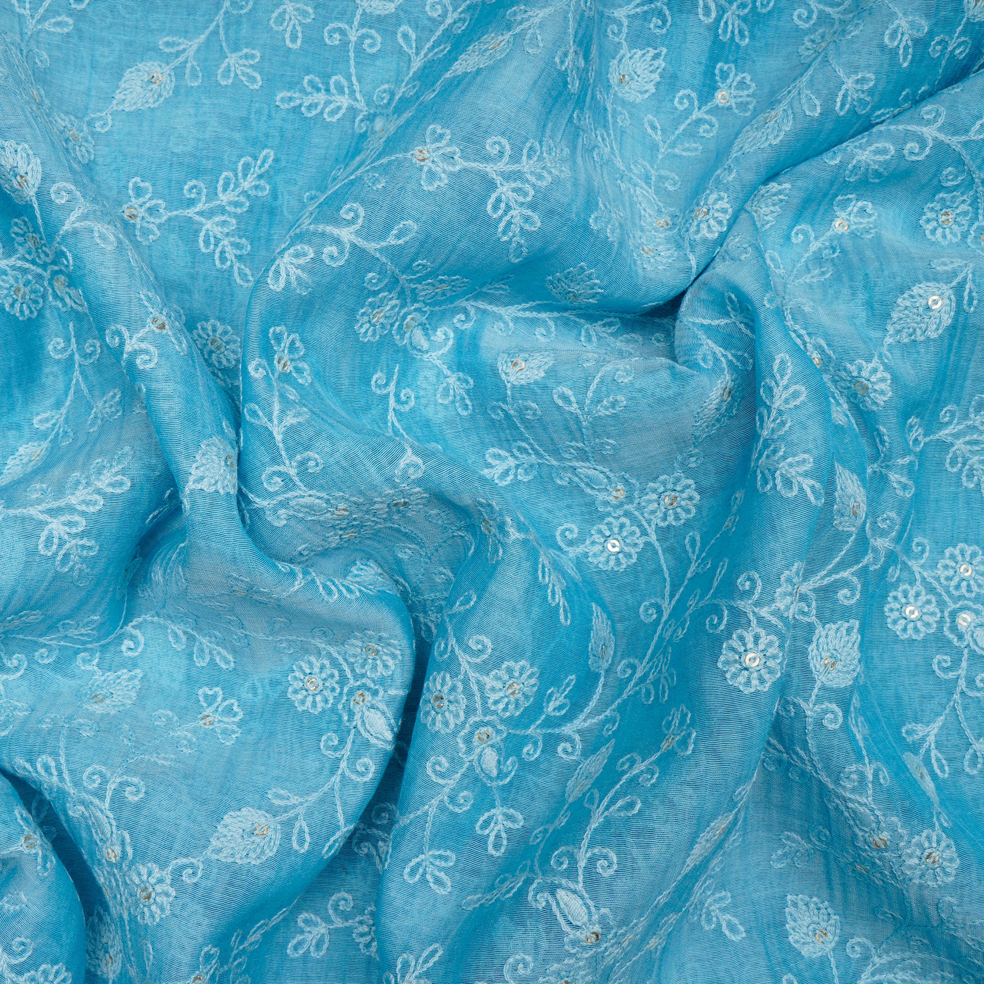 (Pre-Cut 1.20 Mtr) Sky Blue Floral Pattern Thread & Sequins Embroidered Fine Chanderi Fabric