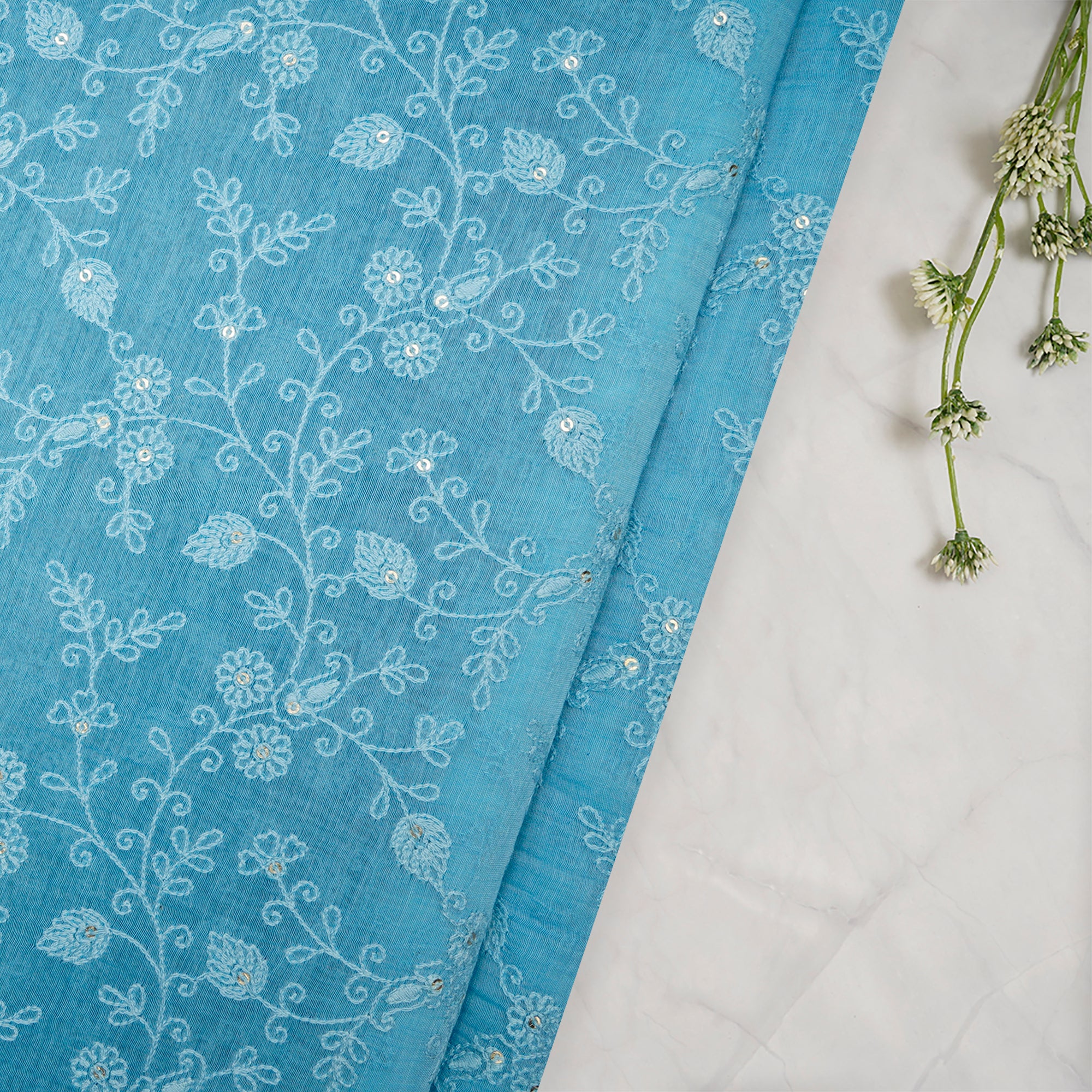 (Pre-Cut 3.20 Mtr)Sky Blue Floral Pattern Embroidered Pure Fine Chanderi Fabric