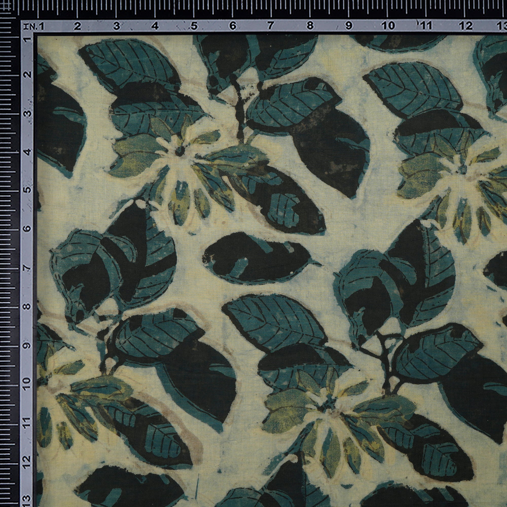 (Pre-Cut 0.95 Mtr)Black-Olive Blue Natural Dye Hand Block Vanspati Printed Cotton Fabric