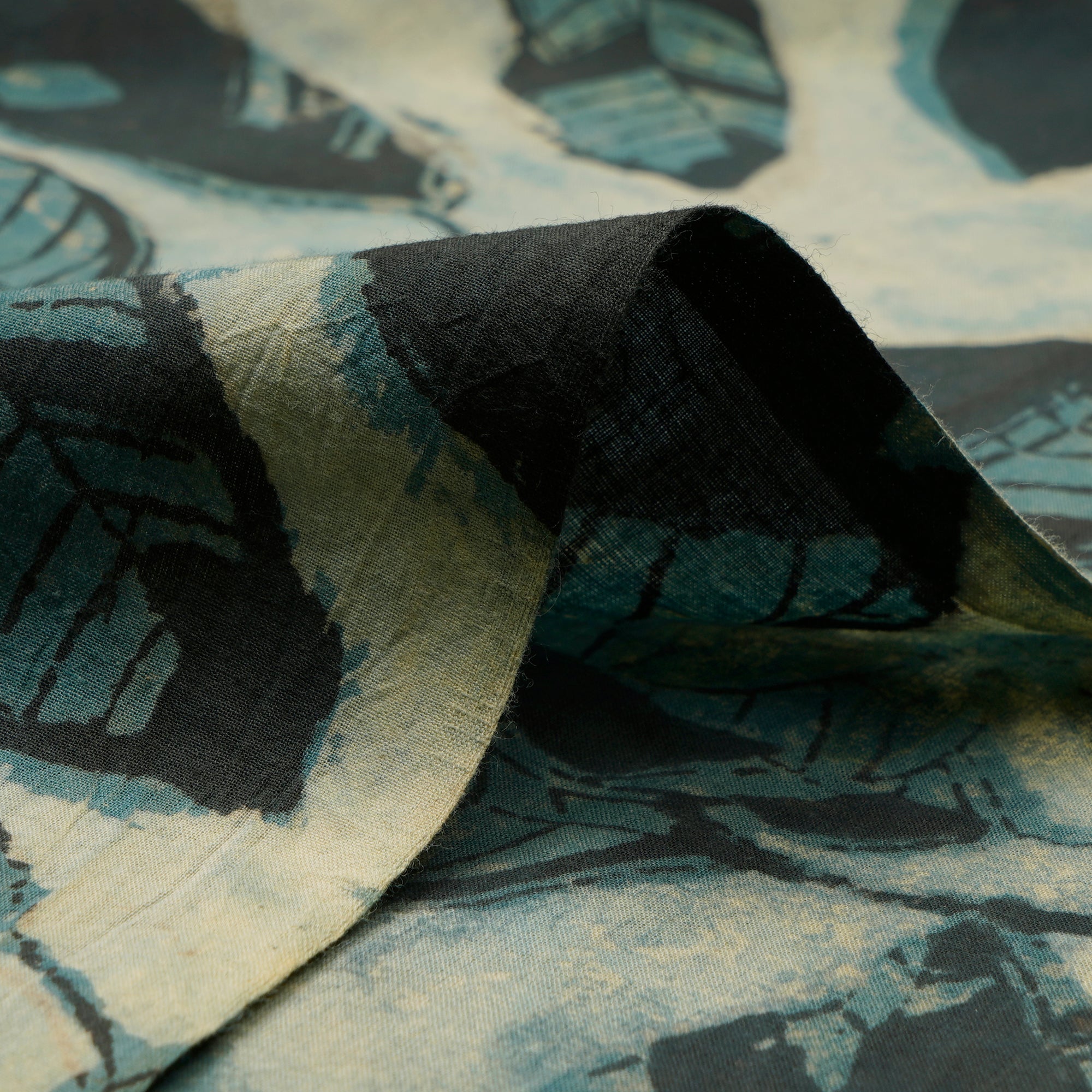 (Pre-Cut 0.95 Mtr)Black-Olive Blue Natural Dye Hand Block Vanspati Printed Cotton Fabric