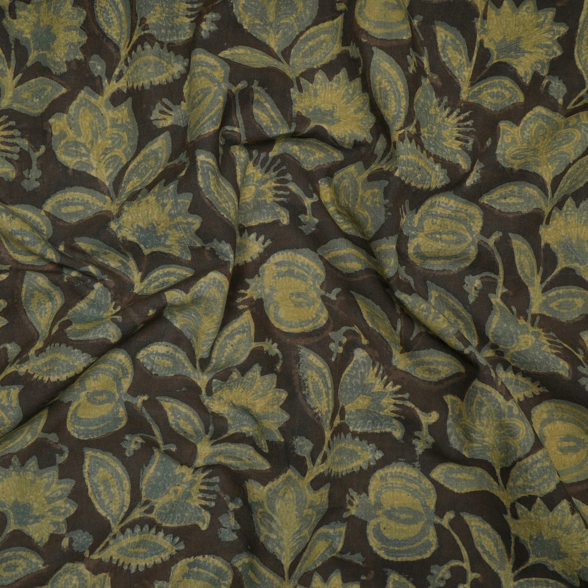 (Pre-Cut 4.30 Mtr)Brown-Olive Blue Natural Dye Hand Block Vanspati Printed Cotton Fabric