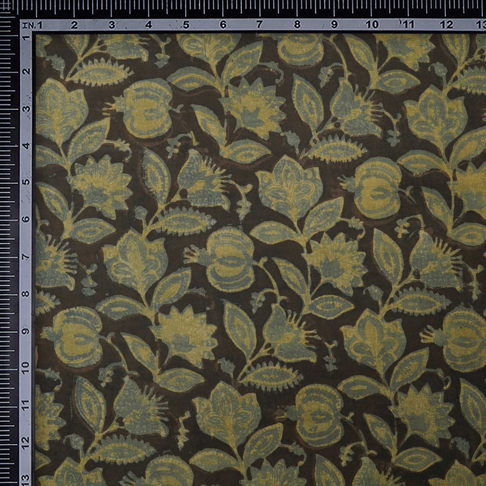 (Pre-Cut 4.30 Mtr)Brown-Olive Blue Natural Dye Hand Block Vanspati Printed Cotton Fabric