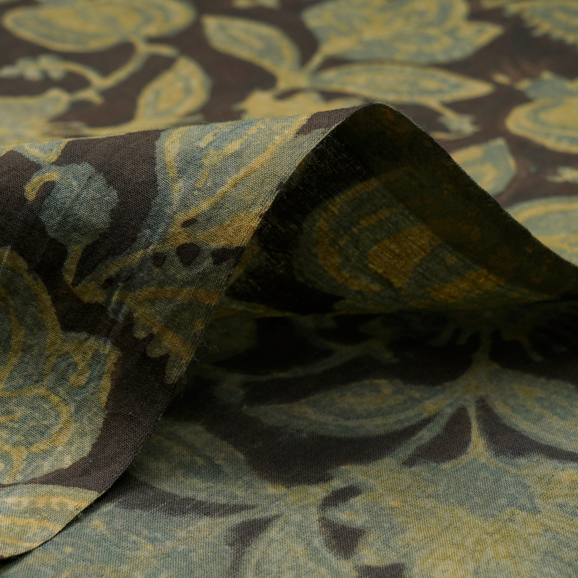 (Pre-Cut 4.30 Mtr)Brown-Olive Blue Natural Dye Hand Block Vanspati Printed Cotton Fabric