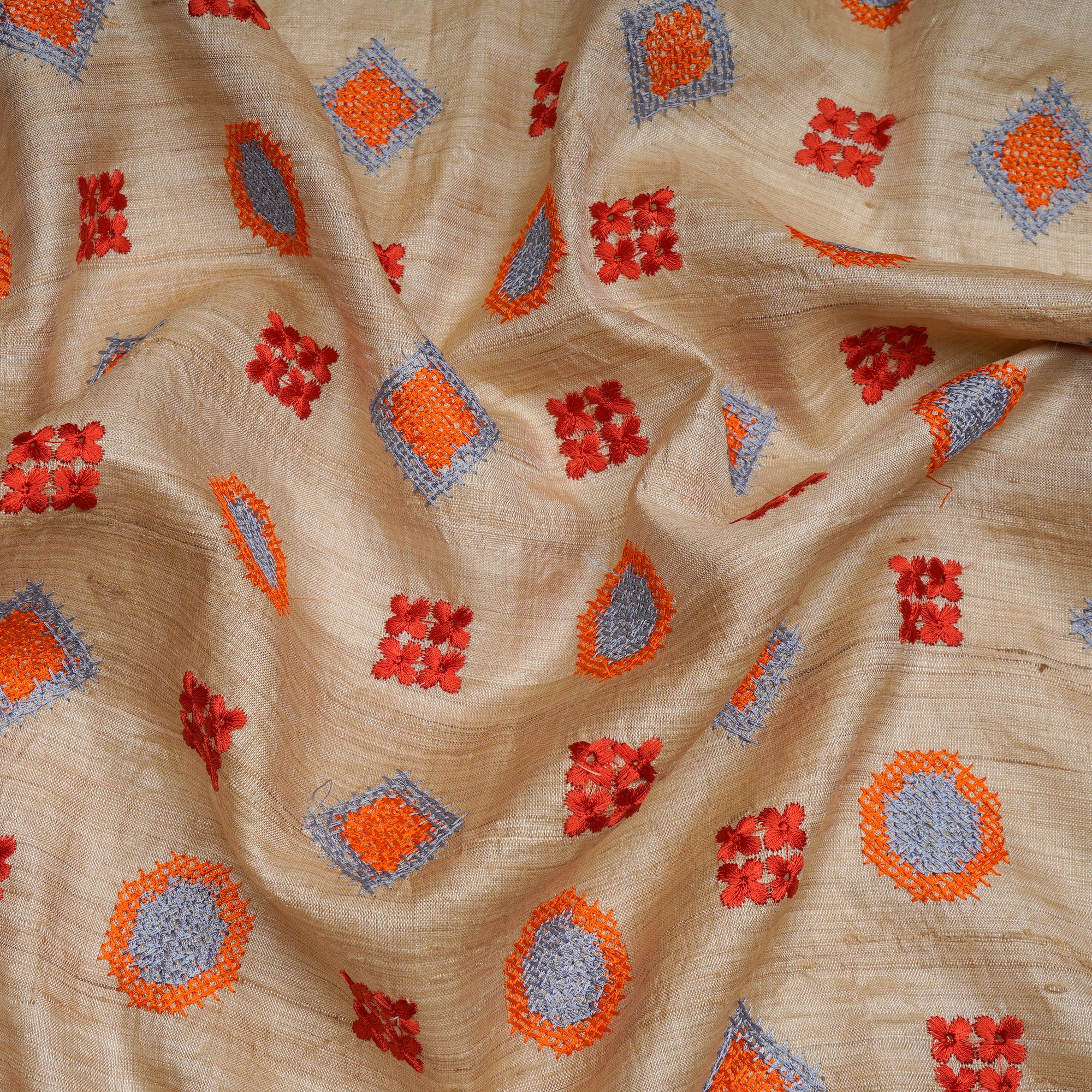 (Pre-Cut 0.70 Mtr)Beige All Over Pattern Embroidered Pure Silk Fabric