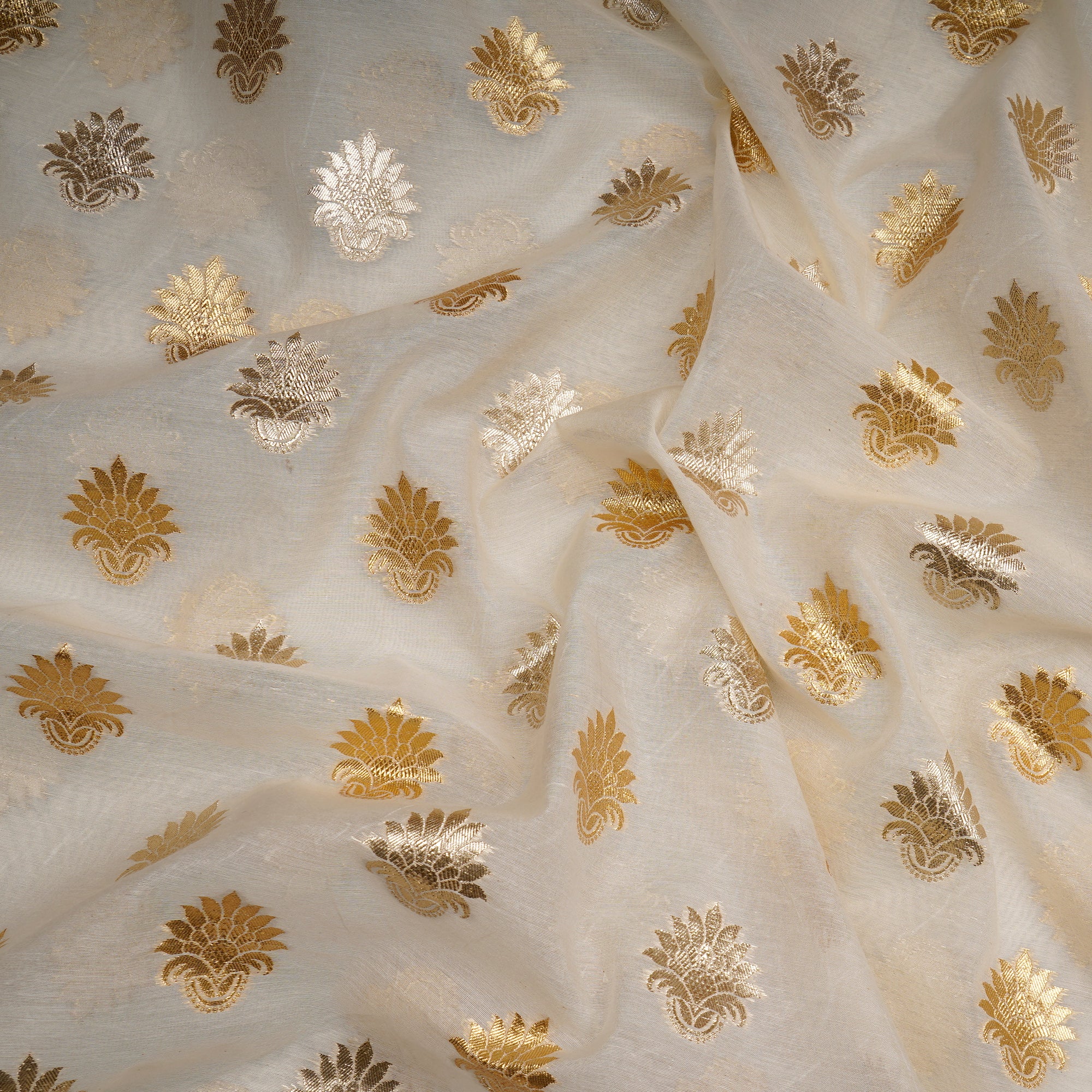 (Pre-Cut 3.30 Mtr)Off-White Motif Pattern Jaquard Cotton Silk Fabric