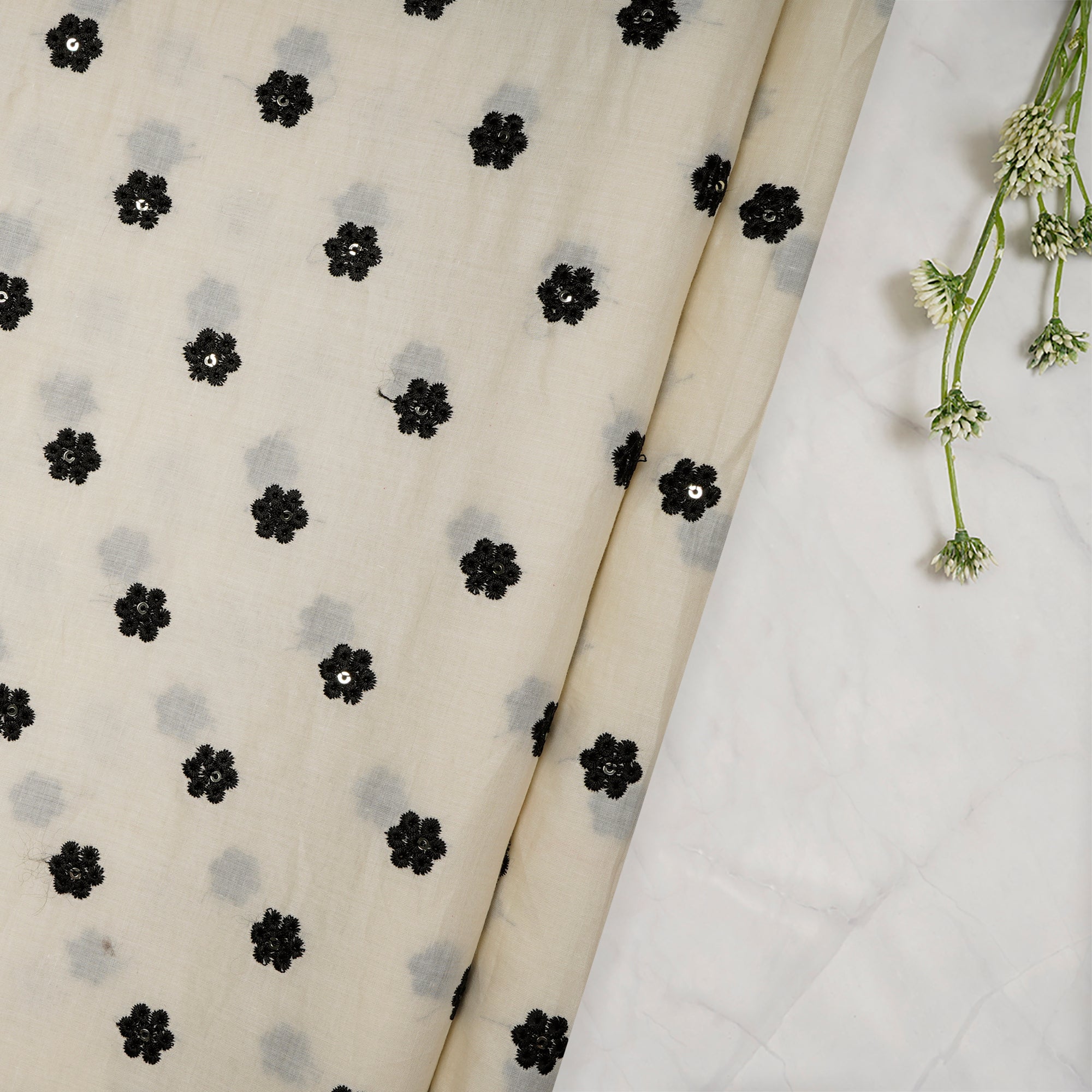 (Pre-Cut 2.35 Mtr)Off White-Black All Over Pattern Embroidered Cotton Lawn Fabric