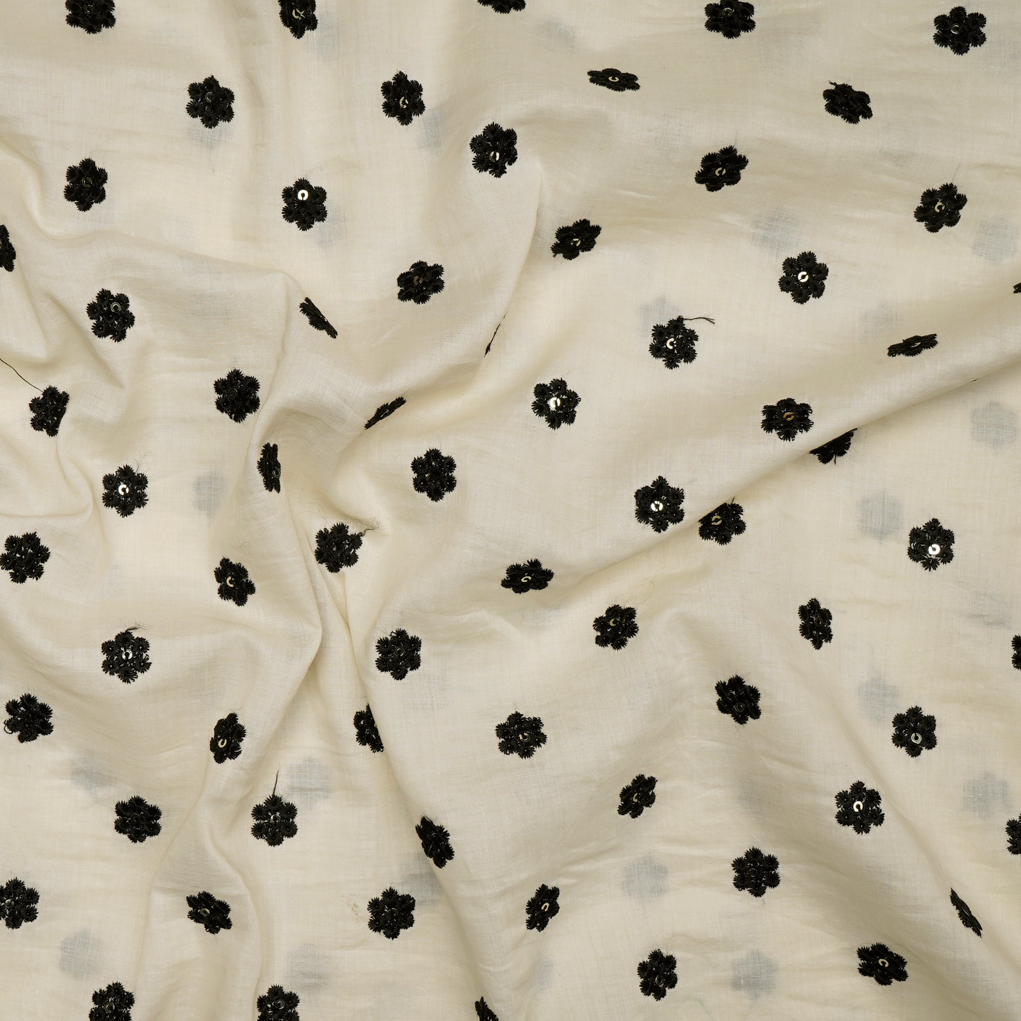 (Pre-Cut 2.35 Mtr)Off White-Black All Over Pattern Embroidered Cotton Lawn Fabric