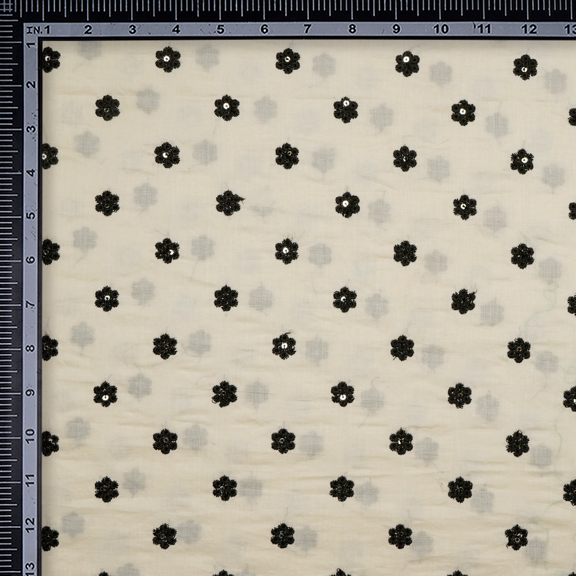 (Pre-Cut 2.35 Mtr)Off White-Black All Over Pattern Embroidered Cotton Lawn Fabric