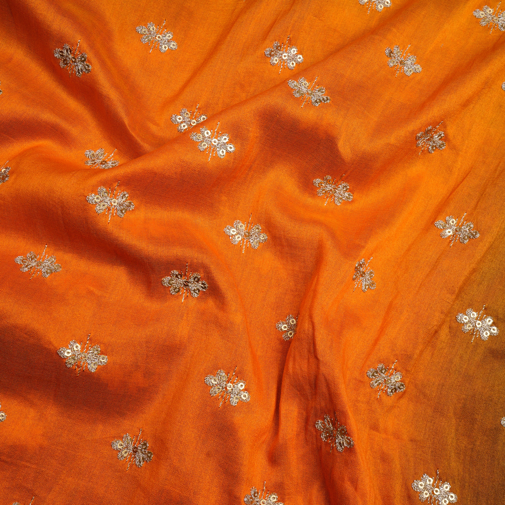 (Pre-Cut 2.90 Mtr)Multi Color Motif Pattern Thread & Sequence Embroidered Pure Chanderi Fabric