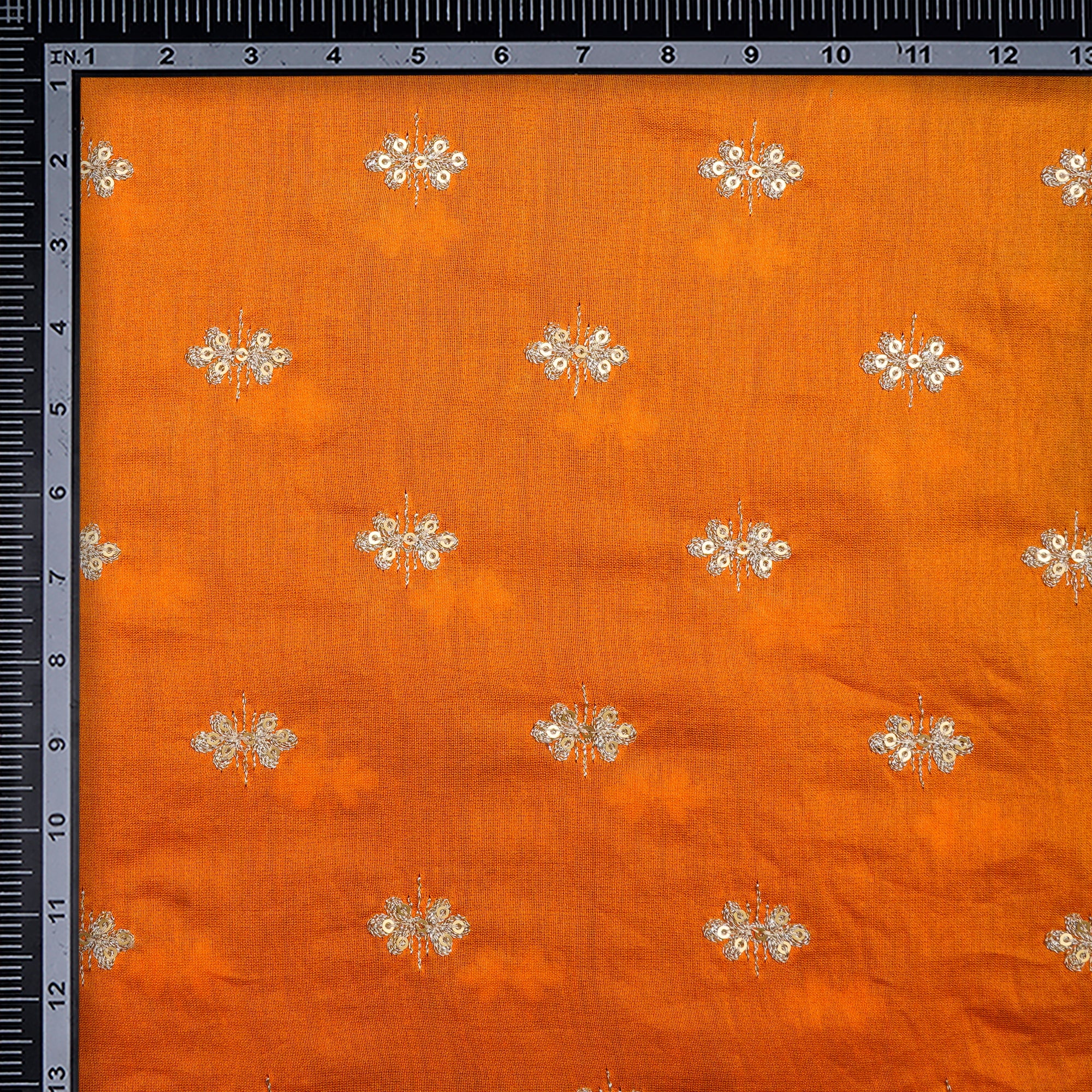 (Pre-Cut 2.90 Mtr)Multi Color Motif Pattern Thread & Sequence Embroidered Pure Chanderi Fabric