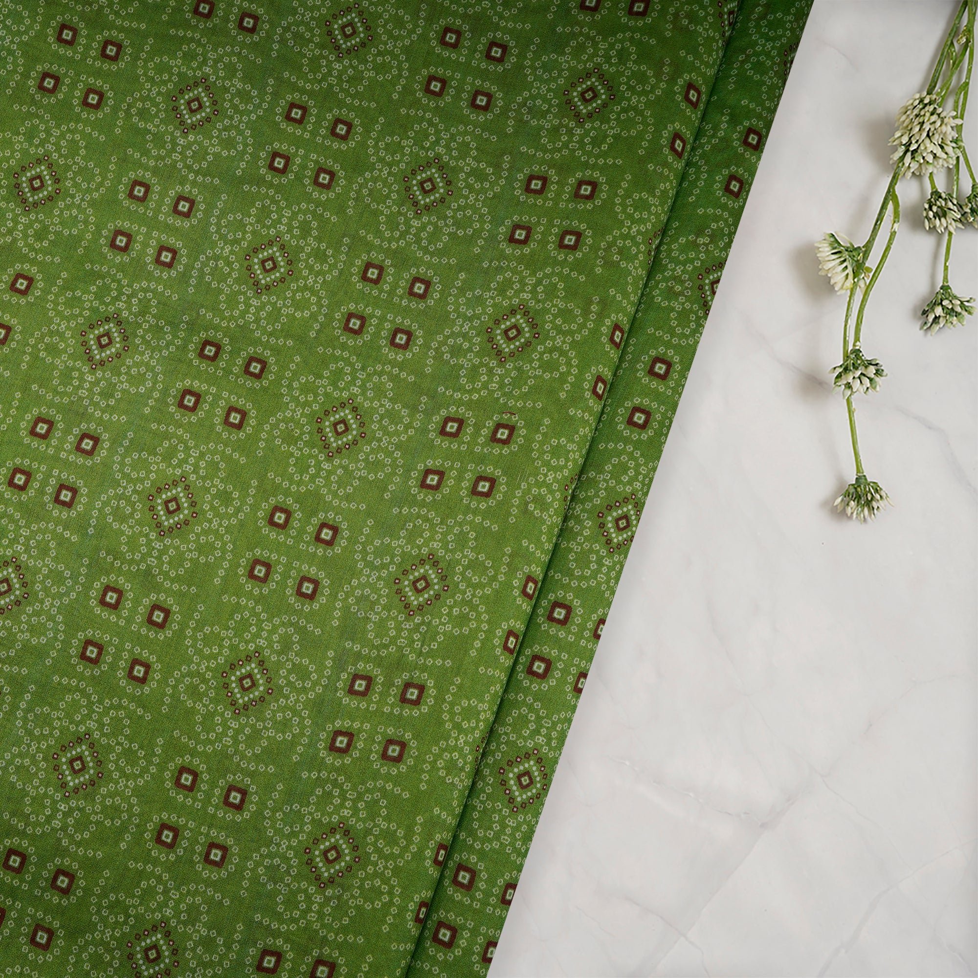 (Pre-Cut 3.60Mtr)Green Bandhani Pattern Digital Printed Fine Chanderi Fabric