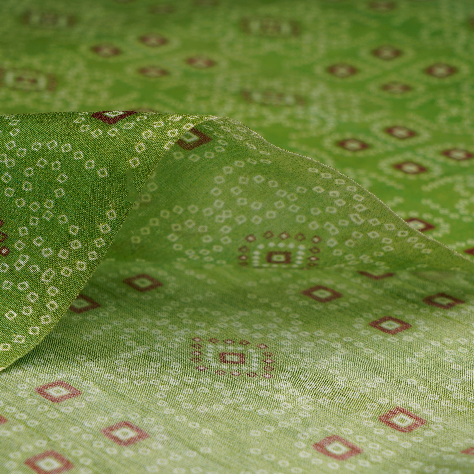 (Pre-Cut 3.60Mtr)Green Bandhani Pattern Digital Printed Fine Chanderi Fabric