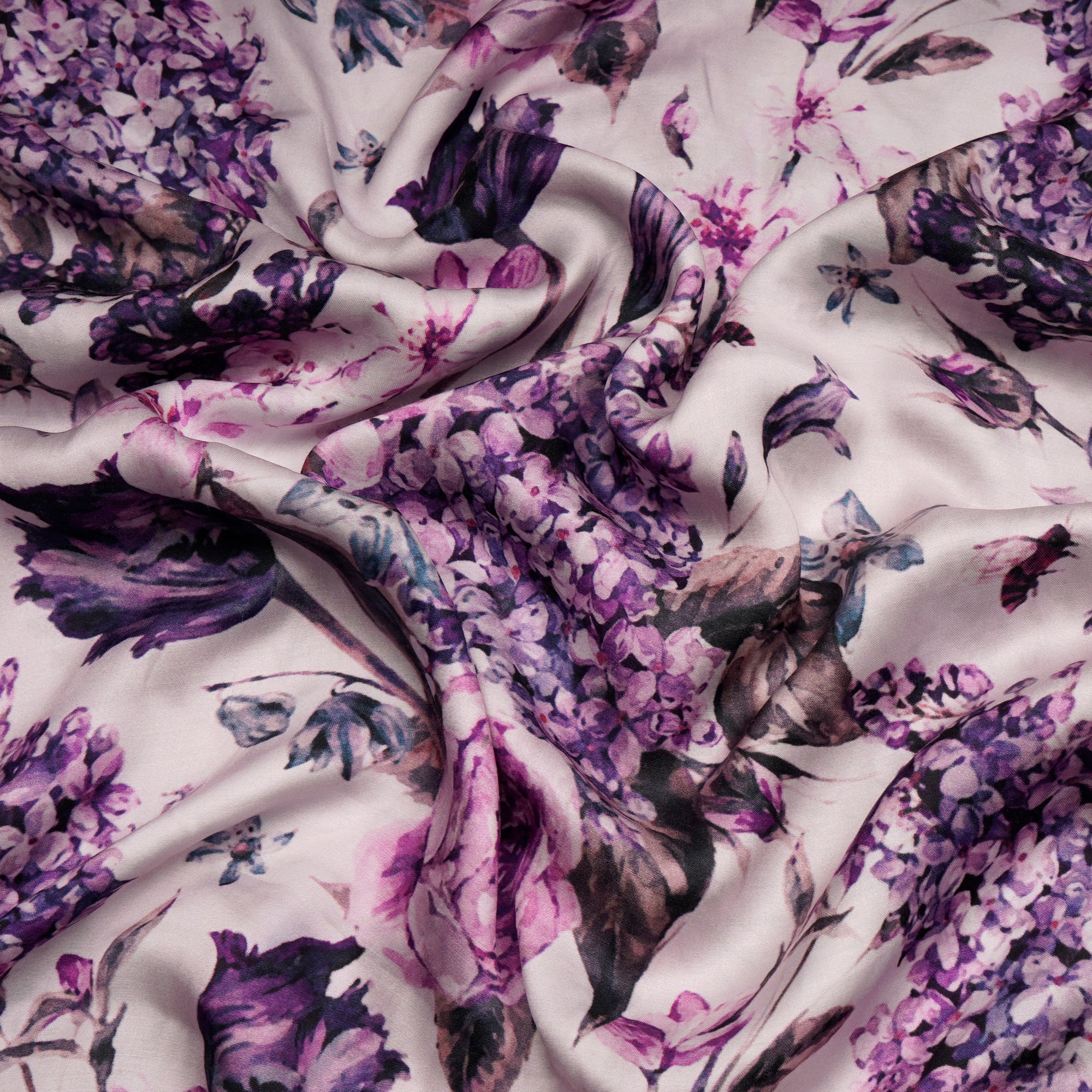 (Pre-Cut 3.85 Mtr)Lilac Floral Pattern Digital Printed Modal Satin Fabric