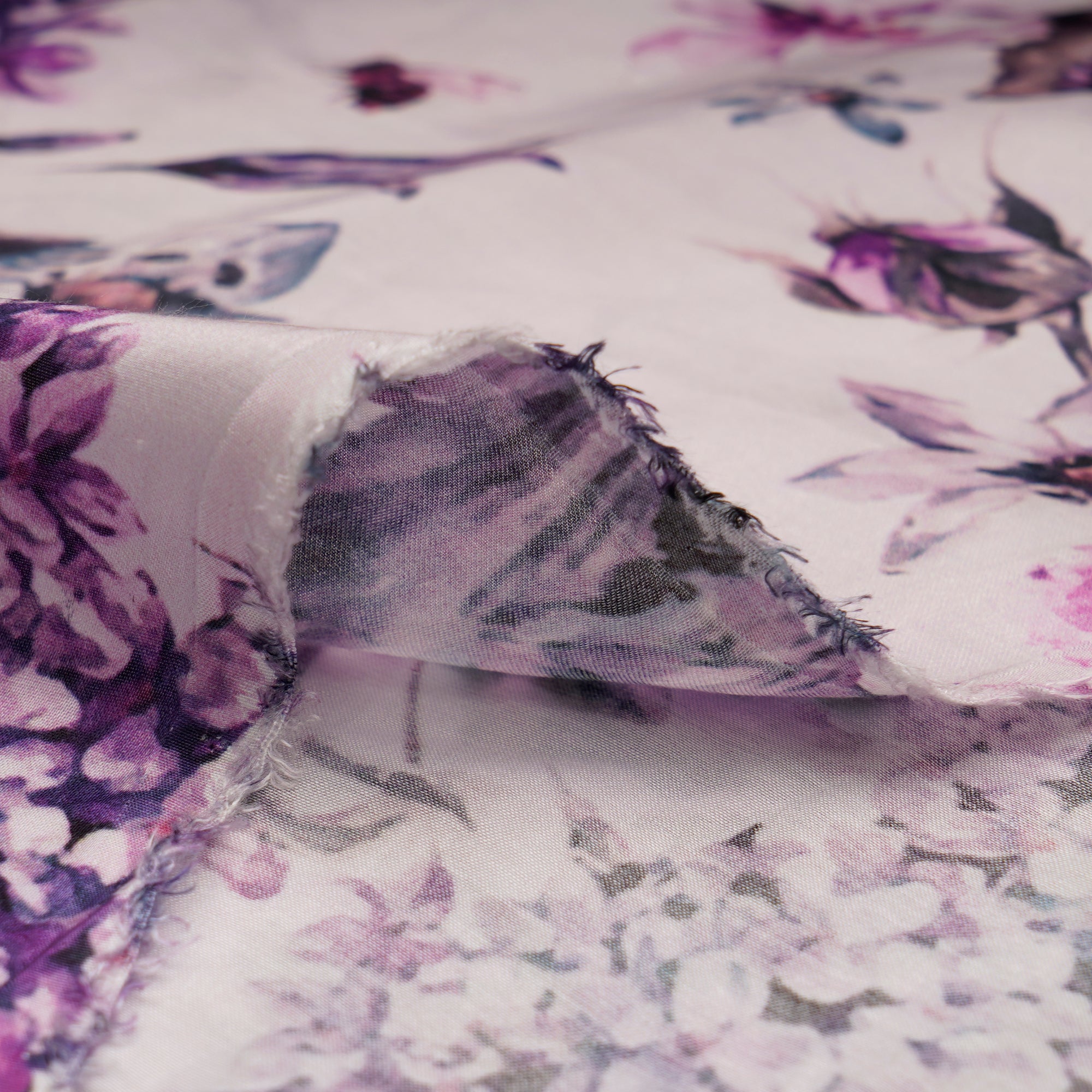 (Pre-Cut 3.85 Mtr)Lilac Floral Pattern Digital Printed Modal Satin Fabric