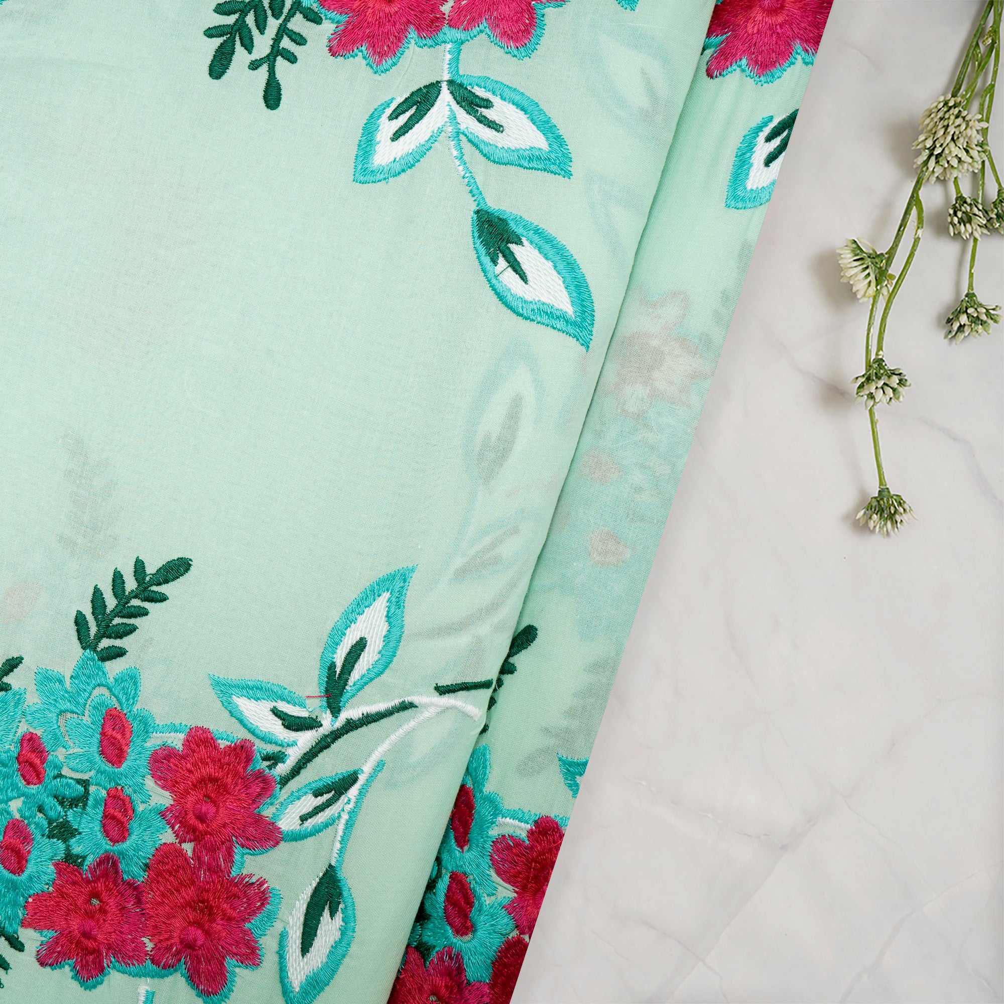 (Pre-Cut 0.55 Mtr)Mint Green Floral Pattern Embroidered Cotton Voile Fabric