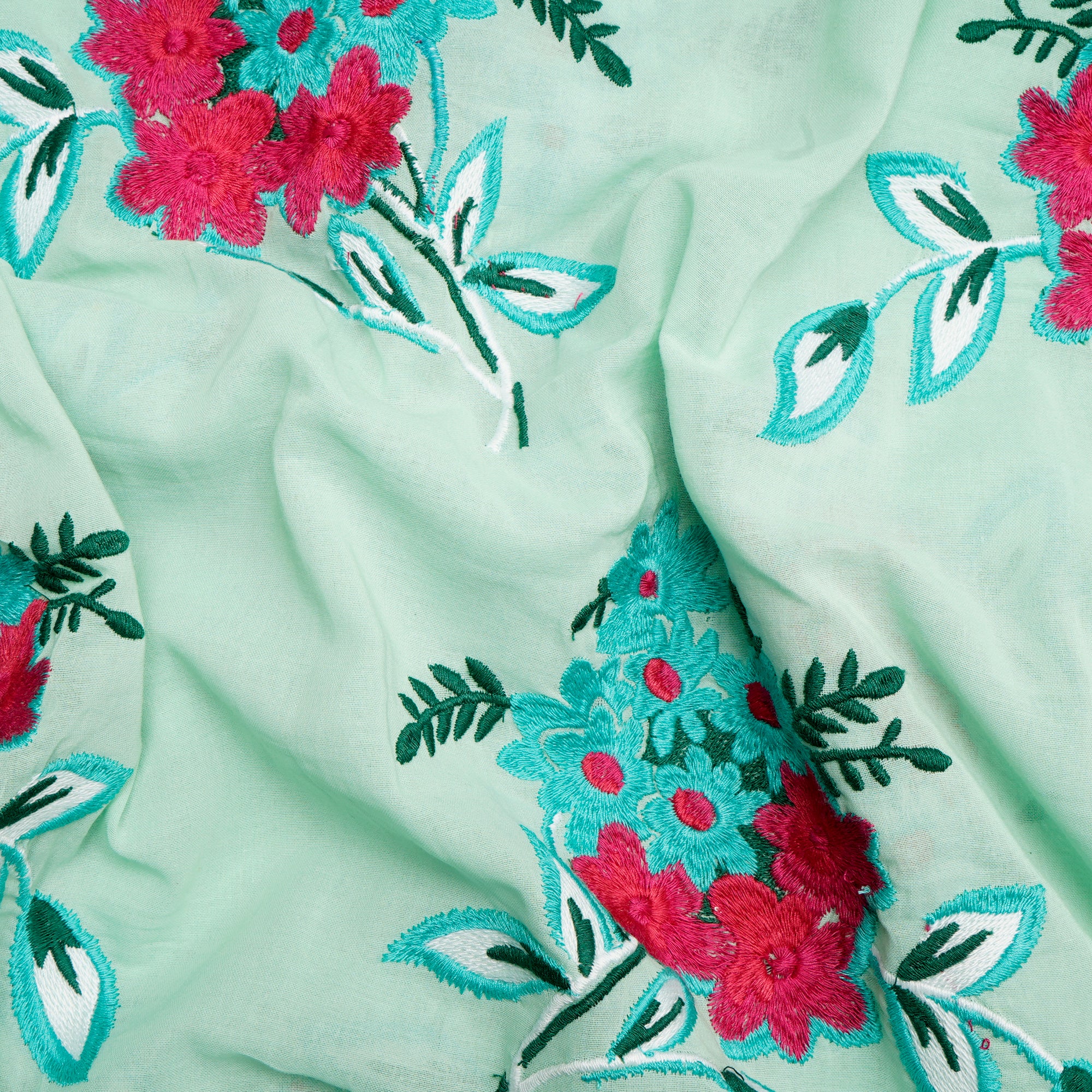 (Pre-Cut 0.55 Mtr)Mint Green Floral Pattern Embroidered Cotton Voile Fabric