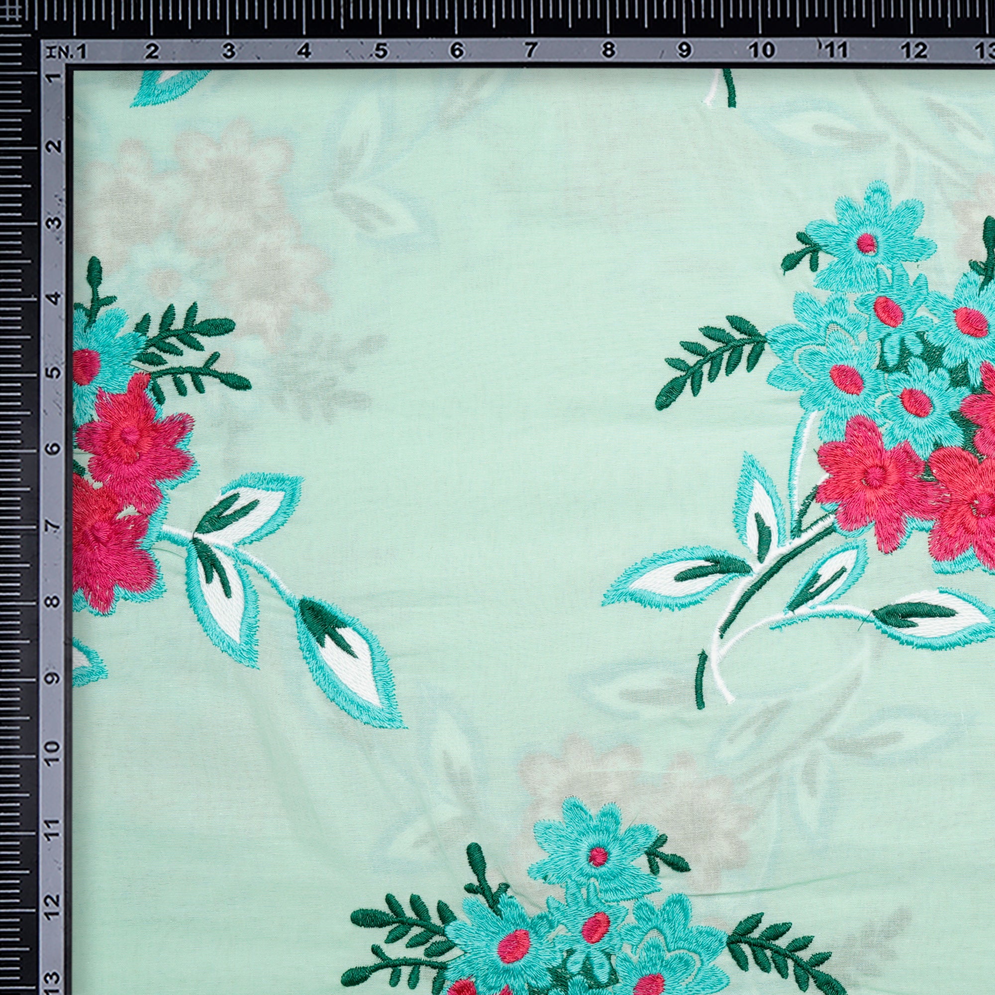 (Pre-Cut 0.55 Mtr)Mint Green Floral Pattern Embroidered Cotton Voile Fabric