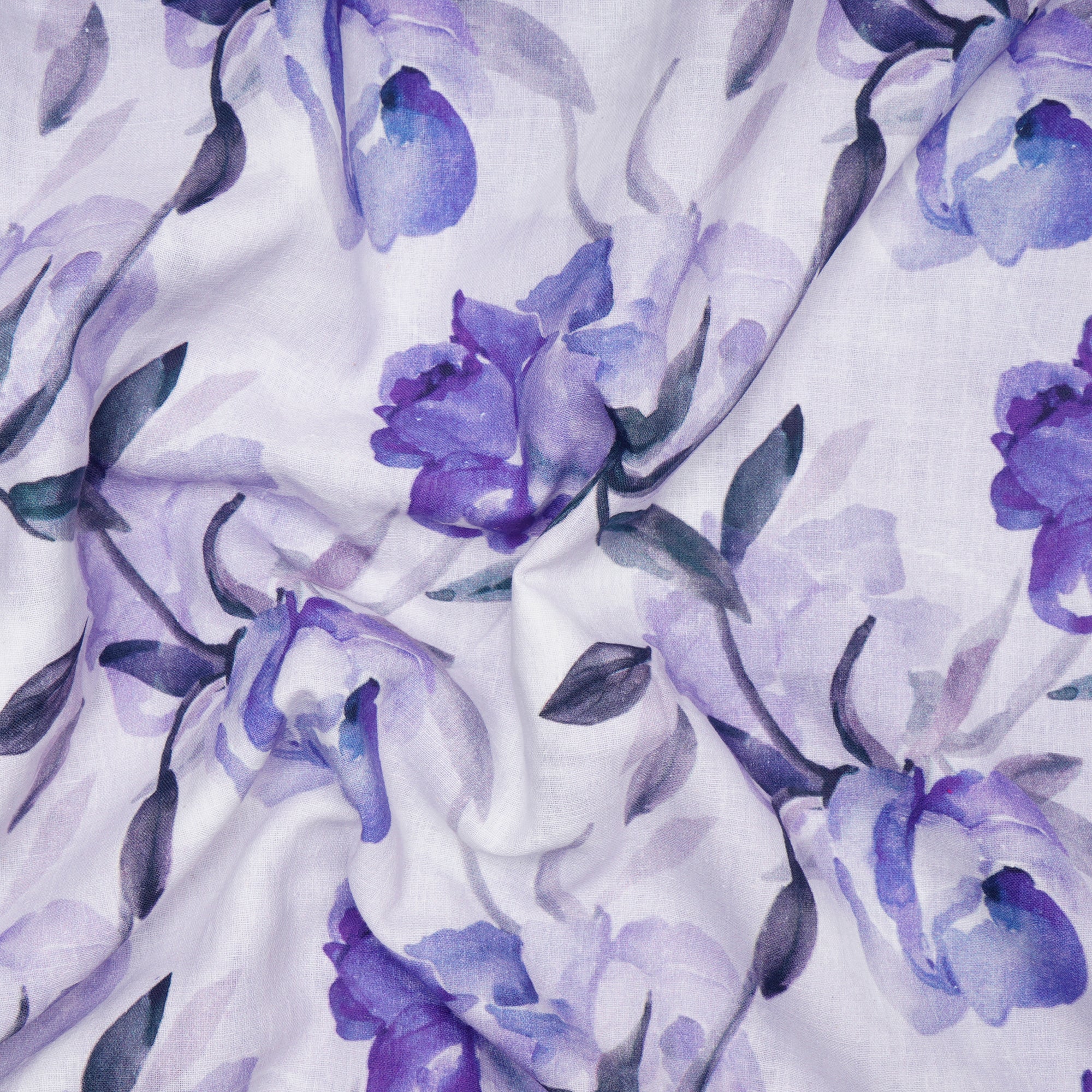 (Pre-Cut 1.60 Mtr)White-Purple Floral Pattern Digital Printed Cotton Fabric