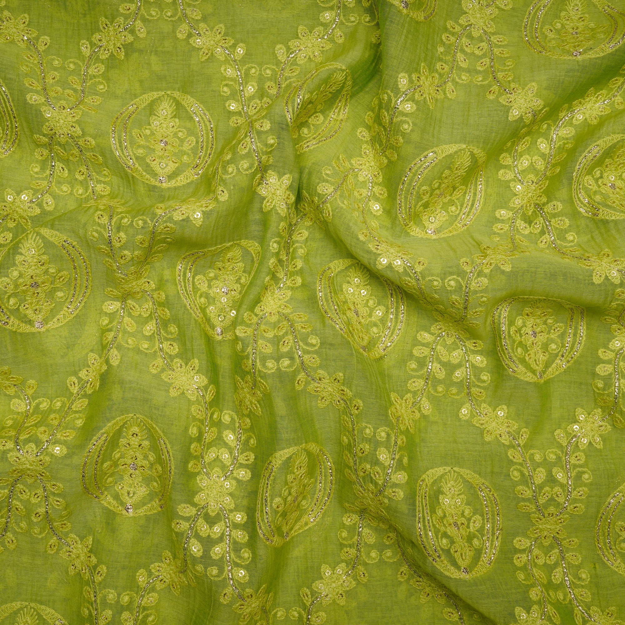 (Pre-Cut 0.90 Mtr)Green All Over Pattern Embroidered Fine Chanderi Fabric