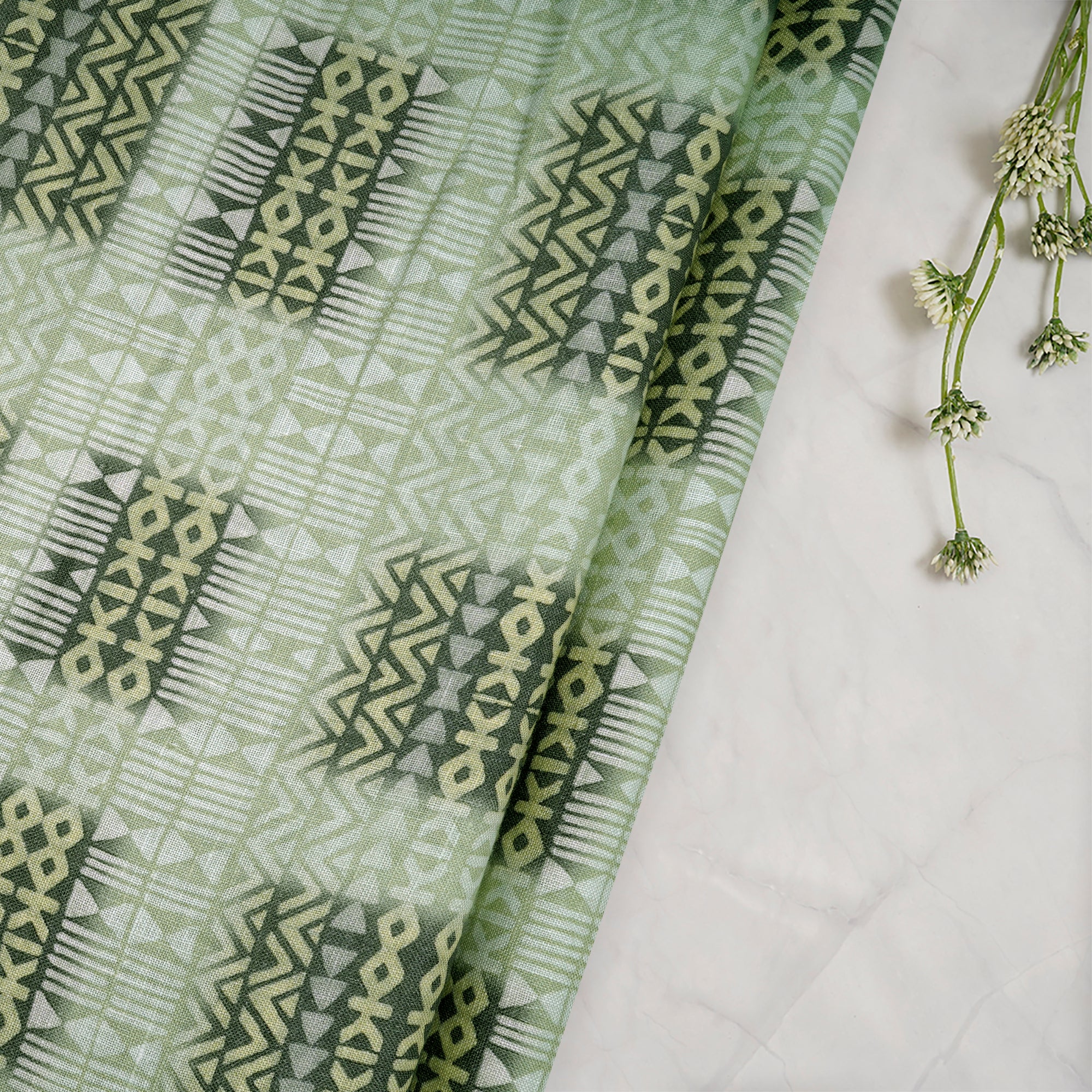 (Pre-Cut 3.15 Mtr)Green Geometric Pattern Digital Printed Linen Fabric