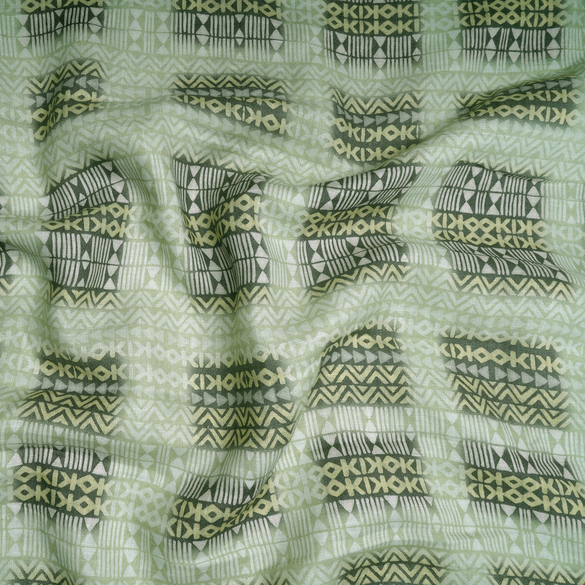 (Pre-Cut 3.15 Mtr)Green Geometric Pattern Digital Printed Linen Fabric