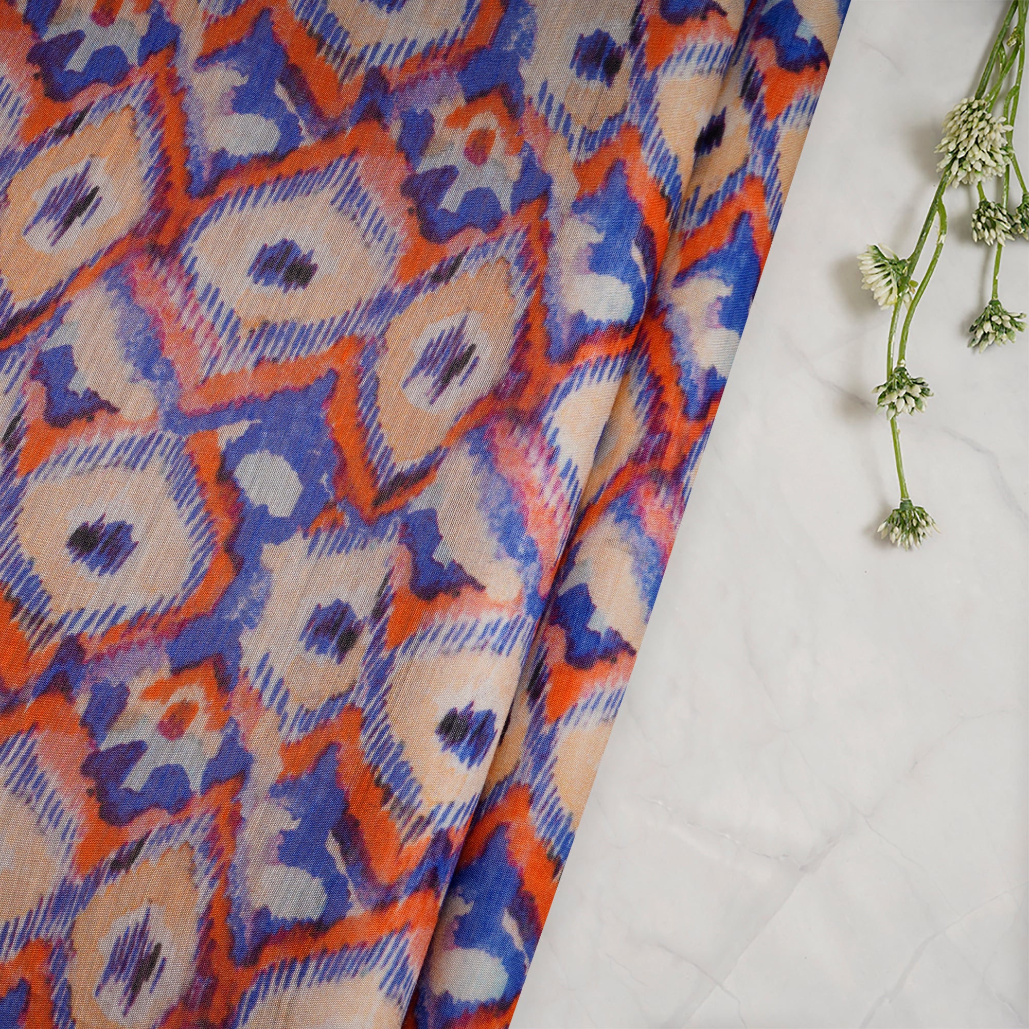 (Pre-Cut 1.00 Mtr)Blue-Orange All Over Pattern Digital Printed Muga Silk Fabric