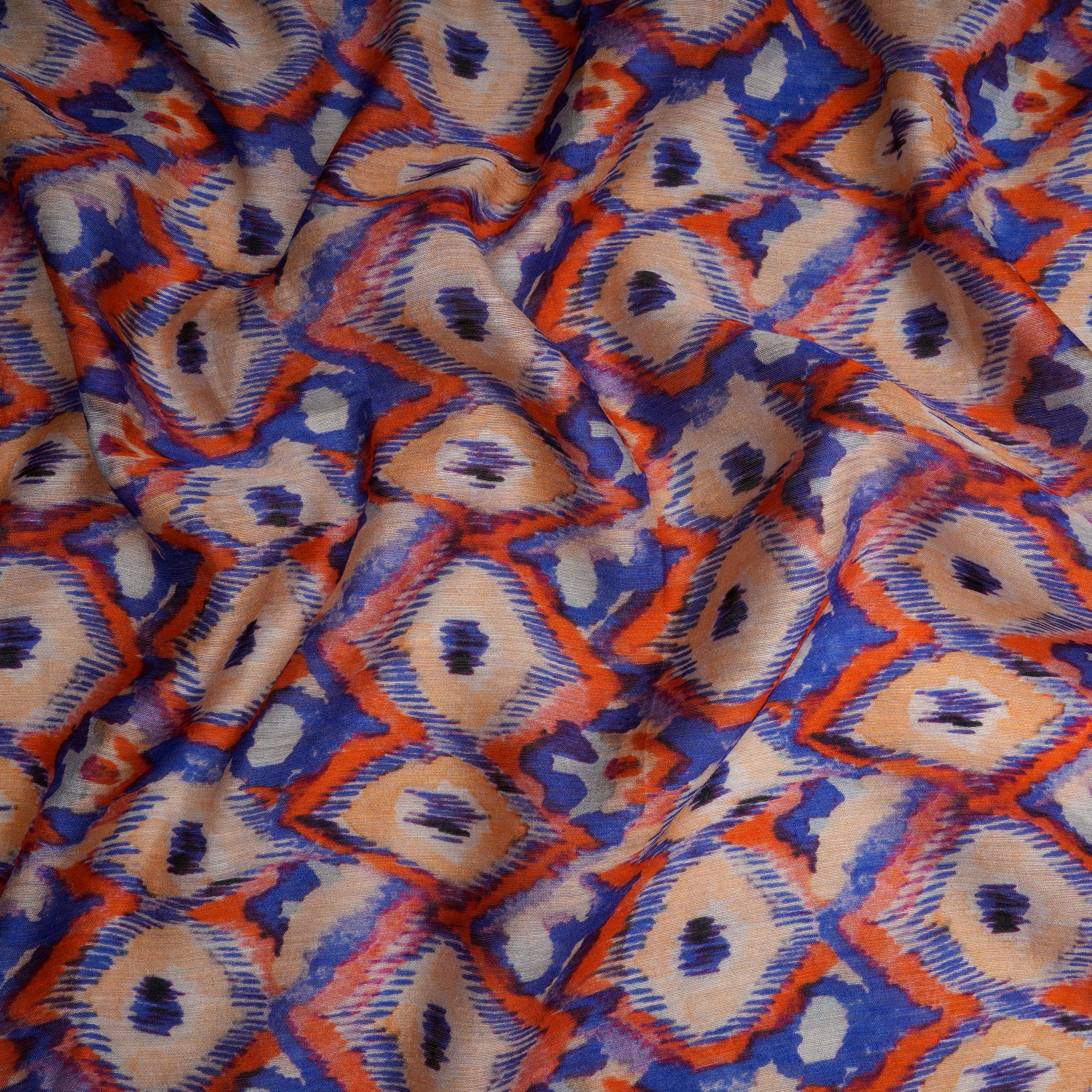 (Pre-Cut 1.00 Mtr)Blue-Orange All Over Pattern Digital Printed Muga Silk Fabric