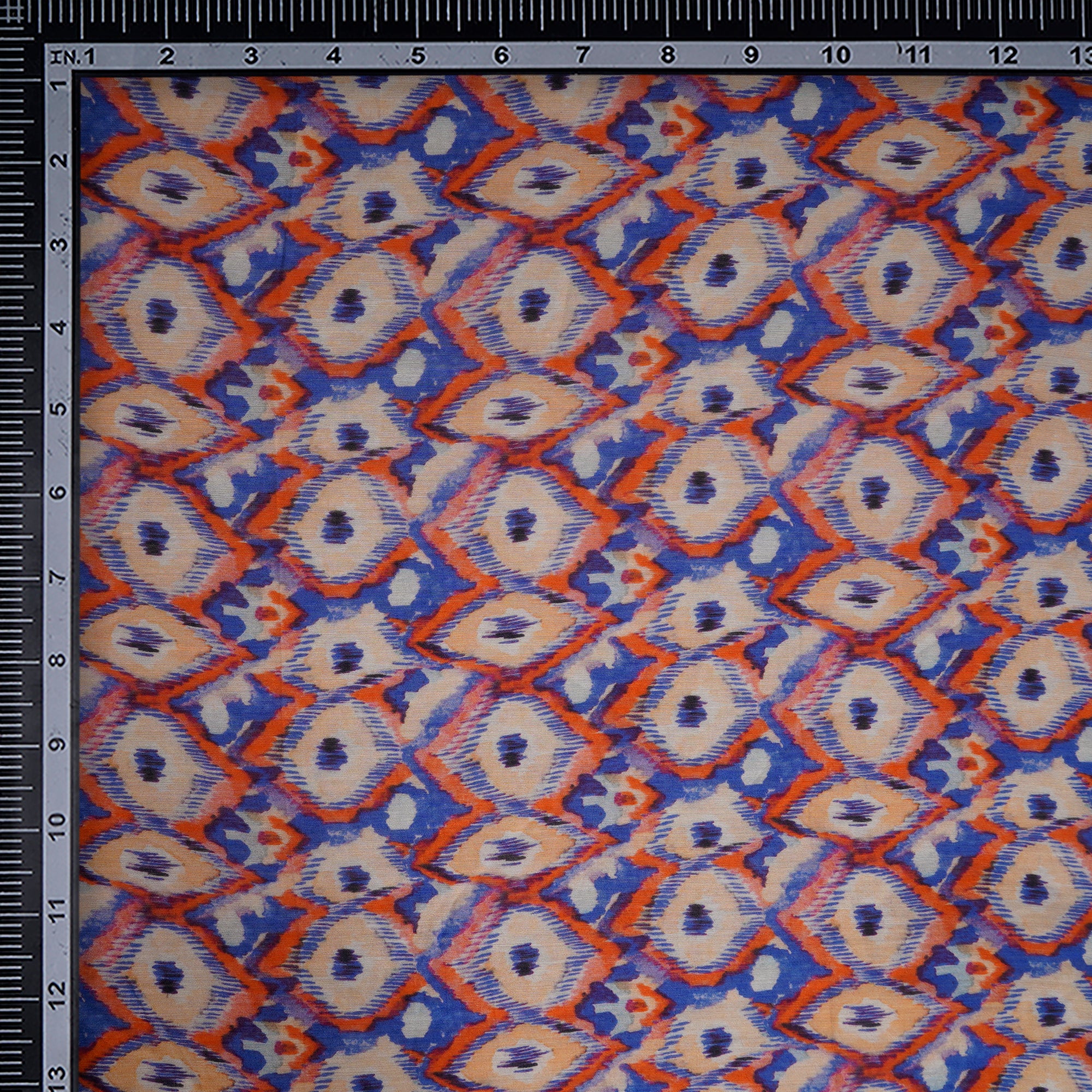 (Pre-Cut 1.00 Mtr)Blue-Orange All Over Pattern Digital Printed Muga Silk Fabric