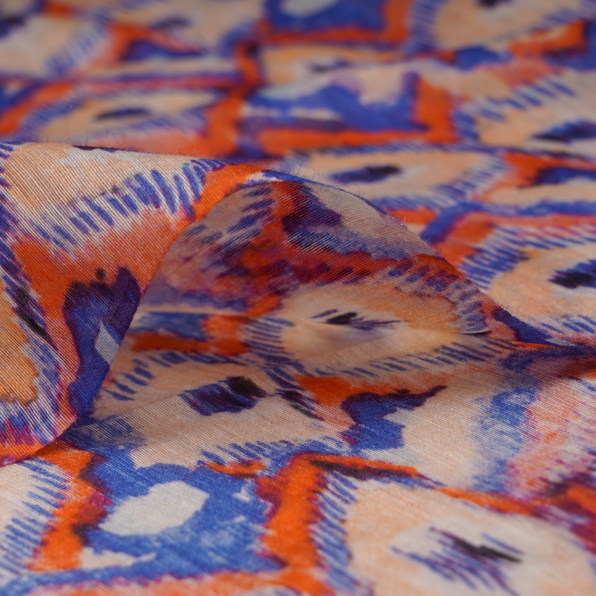 (Pre-Cut 1.00 Mtr)Blue-Orange All Over Pattern Digital Printed Muga Silk Fabric