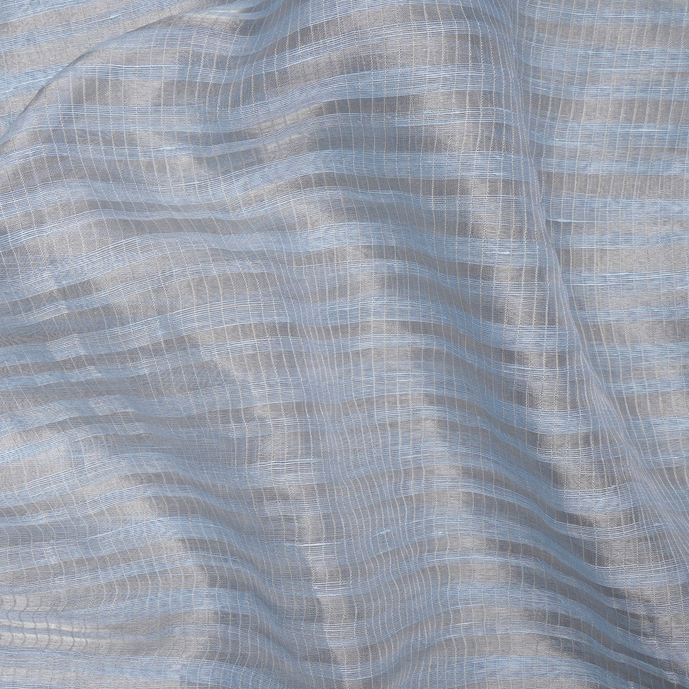 (Pre-Cut 0.80 Mtr)Baby Blue Silver Zari Check Pattern Fancy Silk-Linen Tissue Fabric