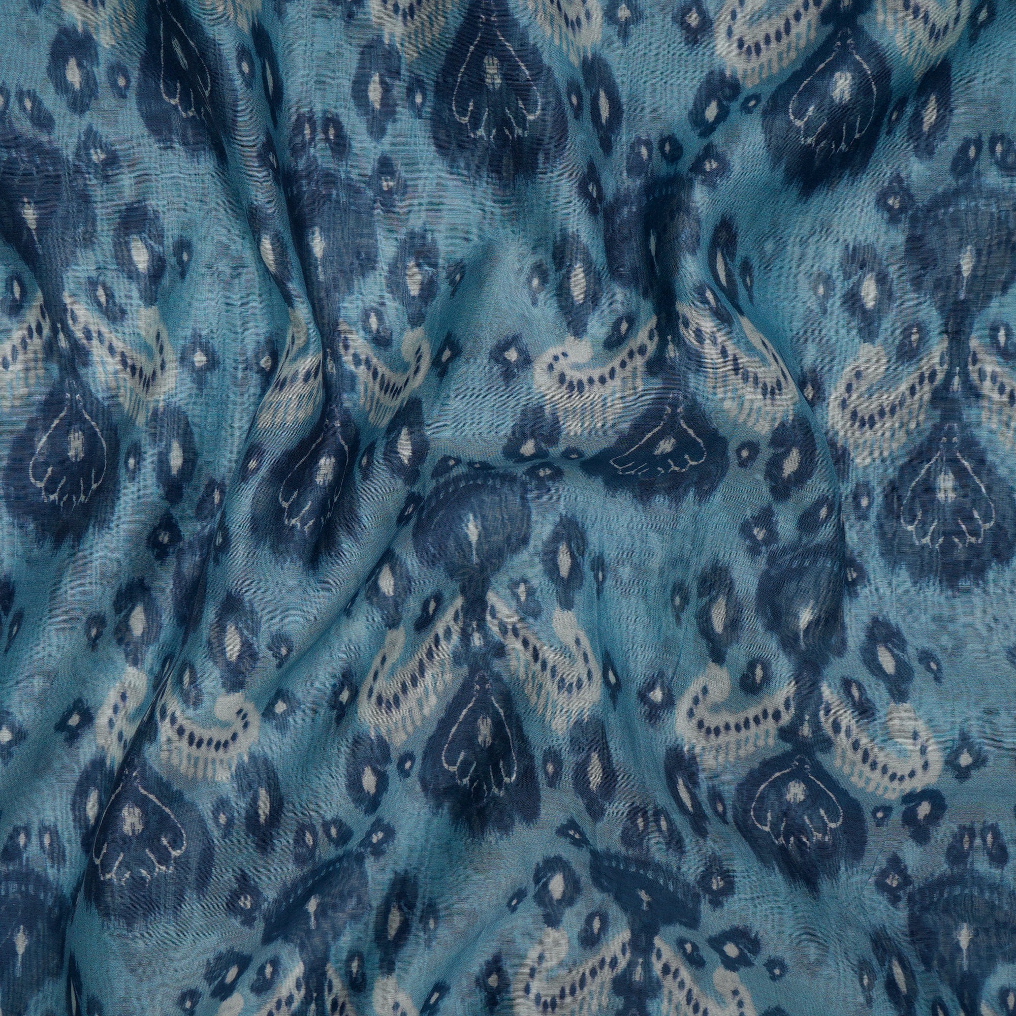 (Pre-Cut 0.95 Mtr)Navy Blue Ikat Pattern Digital Printed Pure Chanderi Fabric