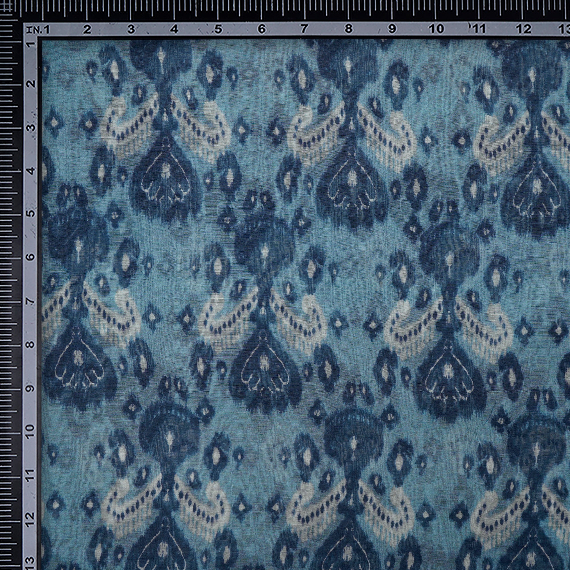 (Pre-Cut 0.95 Mtr)Navy Blue Ikat Pattern Digital Printed Pure Chanderi Fabric