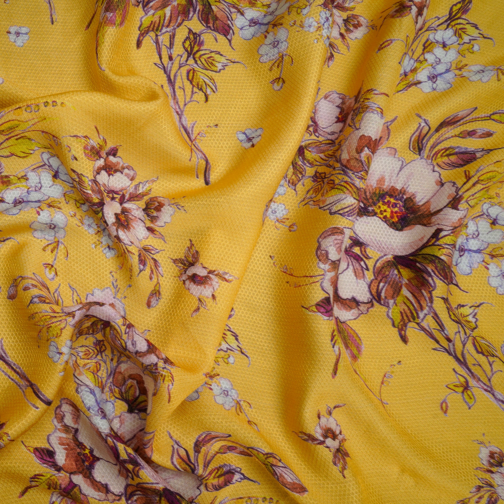 (Pre-Cut 2.50 Mtr)Yellow Floral Pattern Digital Printed Bemberg Modal Dobby Fabric