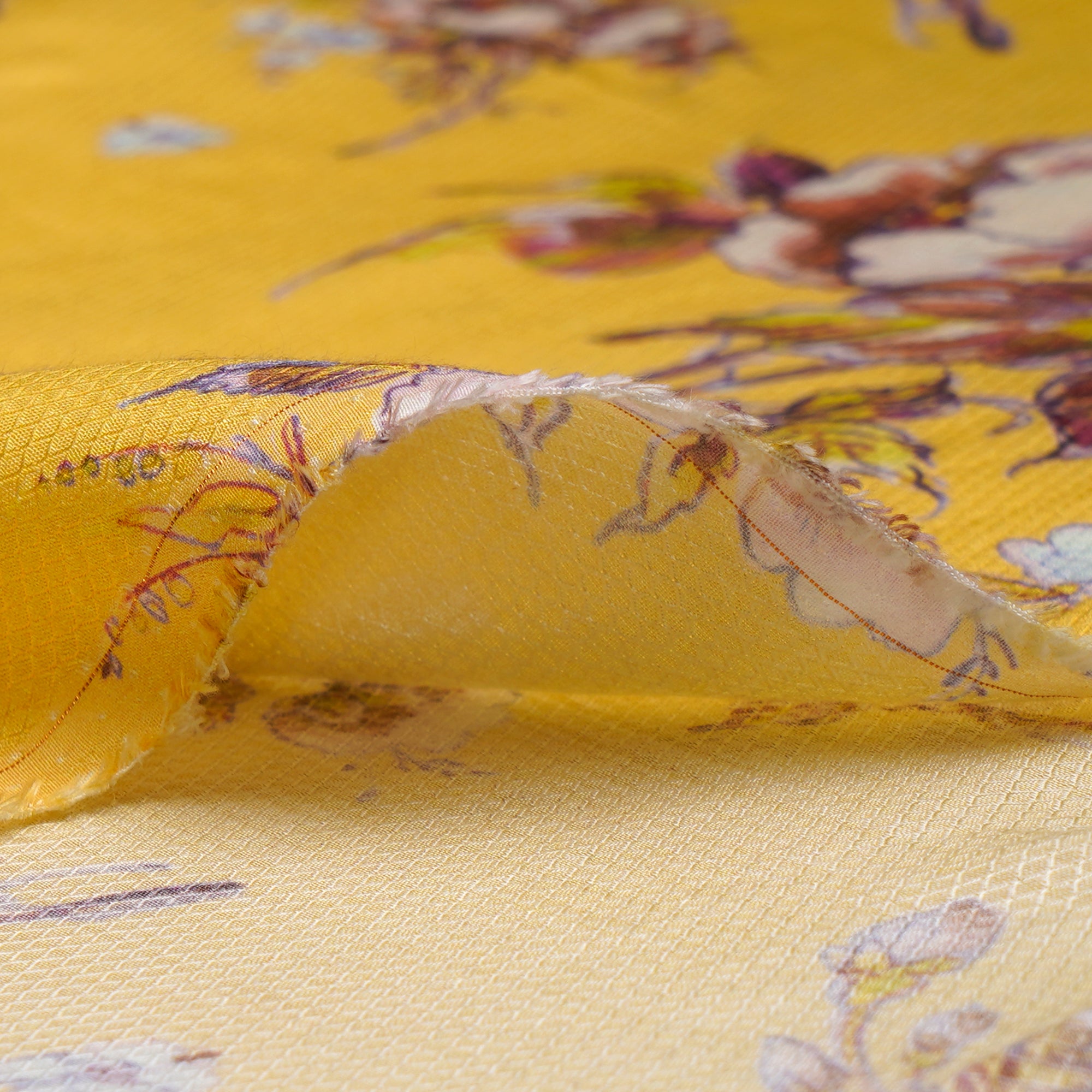 (Pre-Cut 2.50 Mtr)Yellow Floral Pattern Digital Printed Bemberg Modal Dobby Fabric