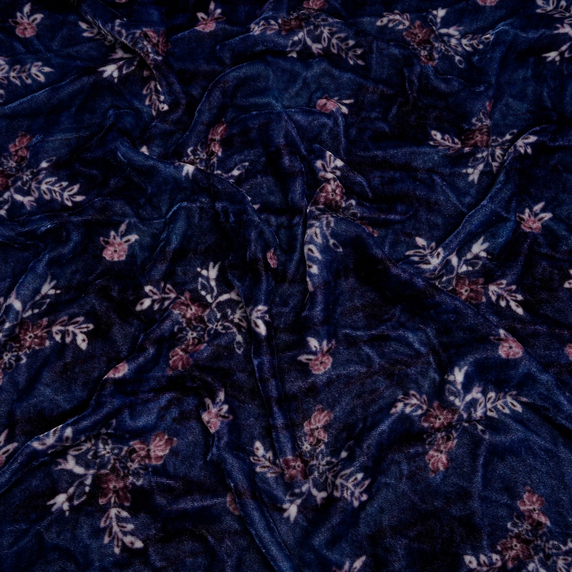 (Pre-Cut 2.50 Mtr)Navy Blue Floral Pattern Digital Printed Nylon-Silk Fabric