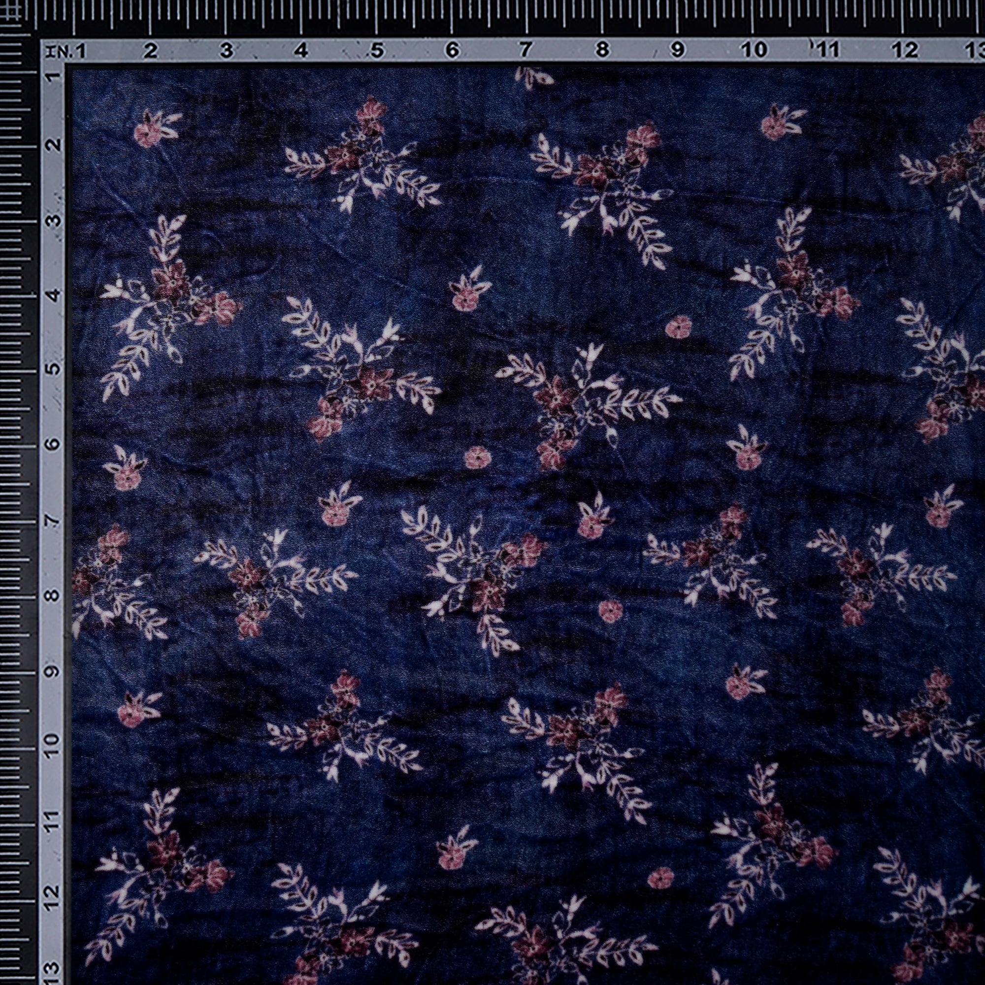 (Pre-Cut 2.50 Mtr)Navy Blue Floral Pattern Digital Printed Nylon-Silk Fabric