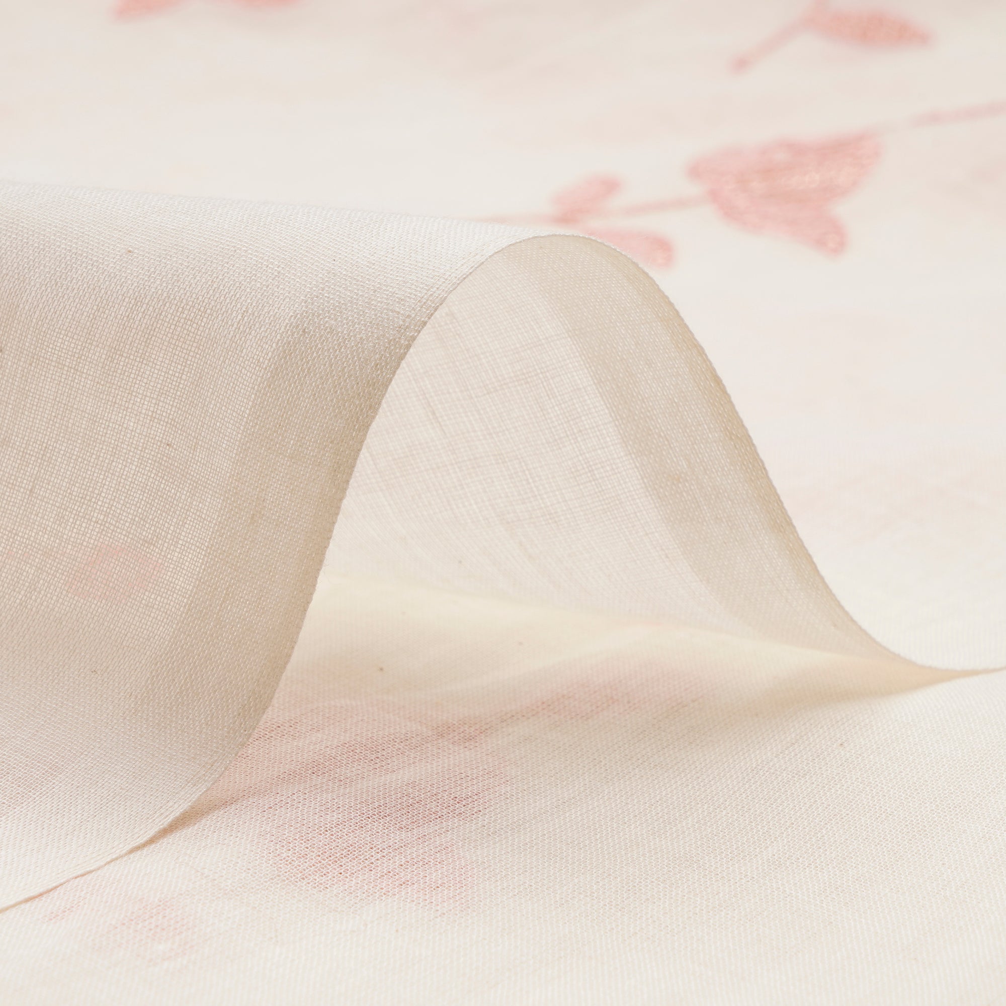 (Pre-Cut 0.80 Mtr) Off-White Dyeable Pink Floral Pattern Thread Embroidered Cotton Fabric