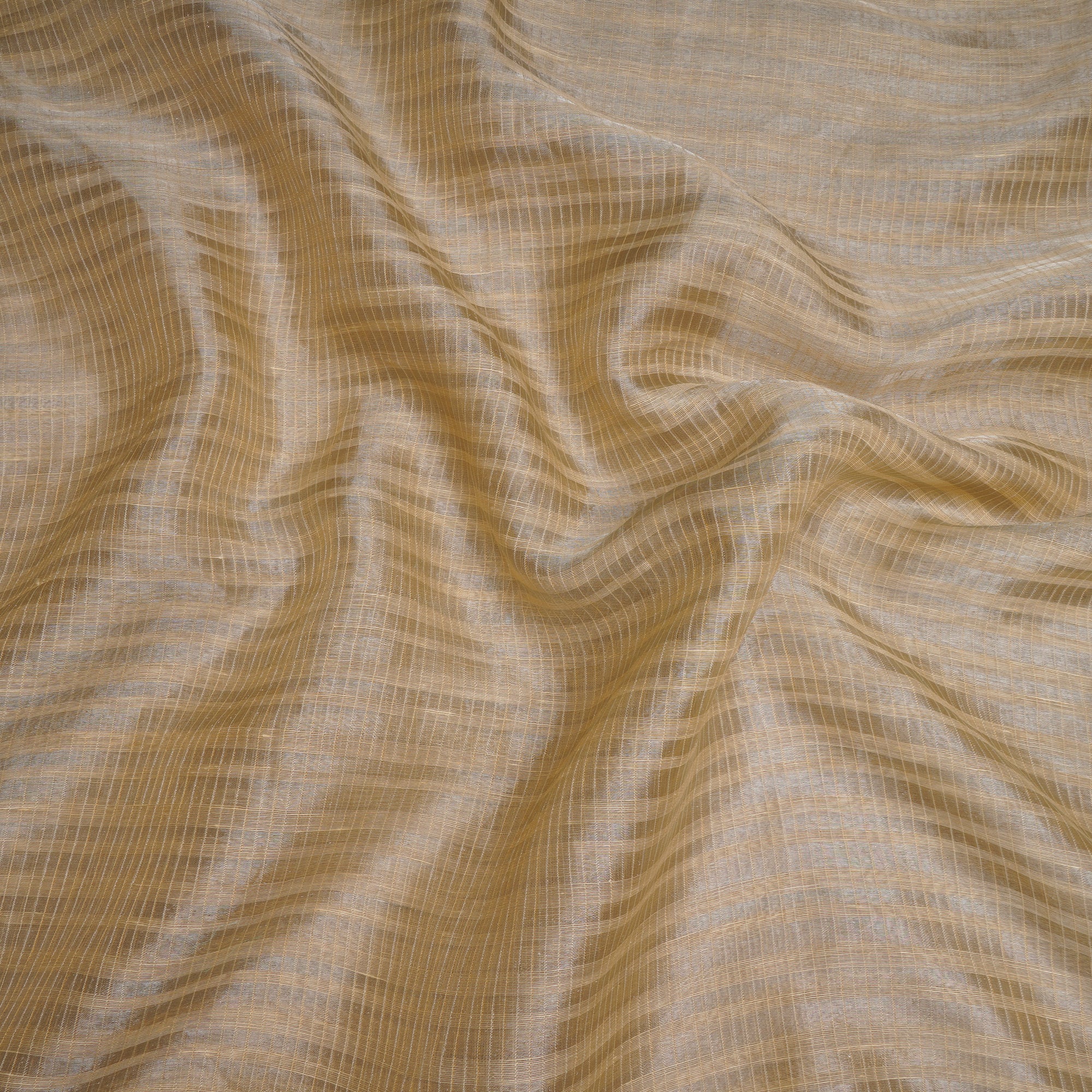 (Pre-Cut 1.95 Mtr)Beige- Golden Zari Check Pattern Fancy Silk-Linen Tissue Fabric