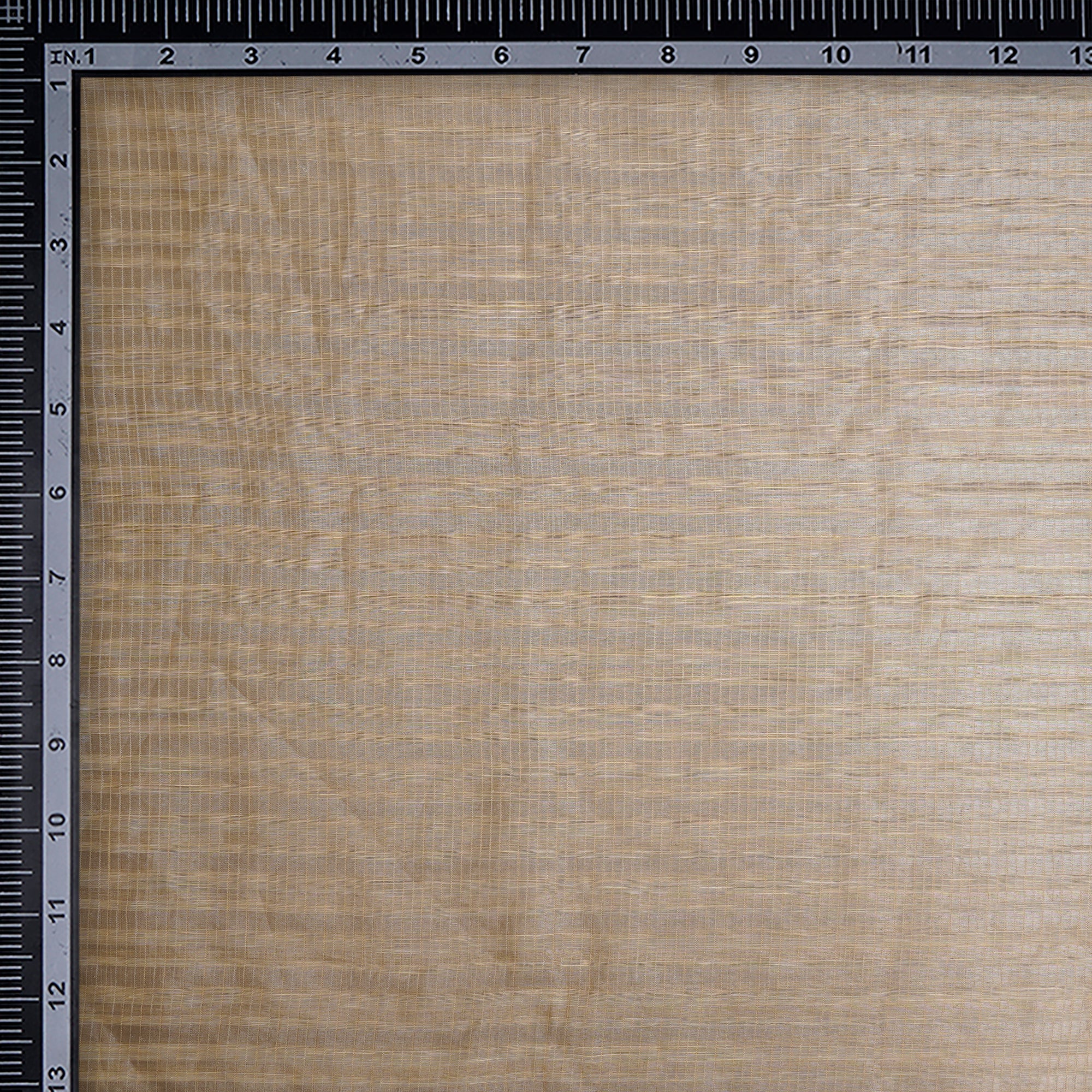 (Pre-Cut 1.95 Mtr)Beige- Golden Zari Check Pattern Fancy Silk-Linen Tissue Fabric