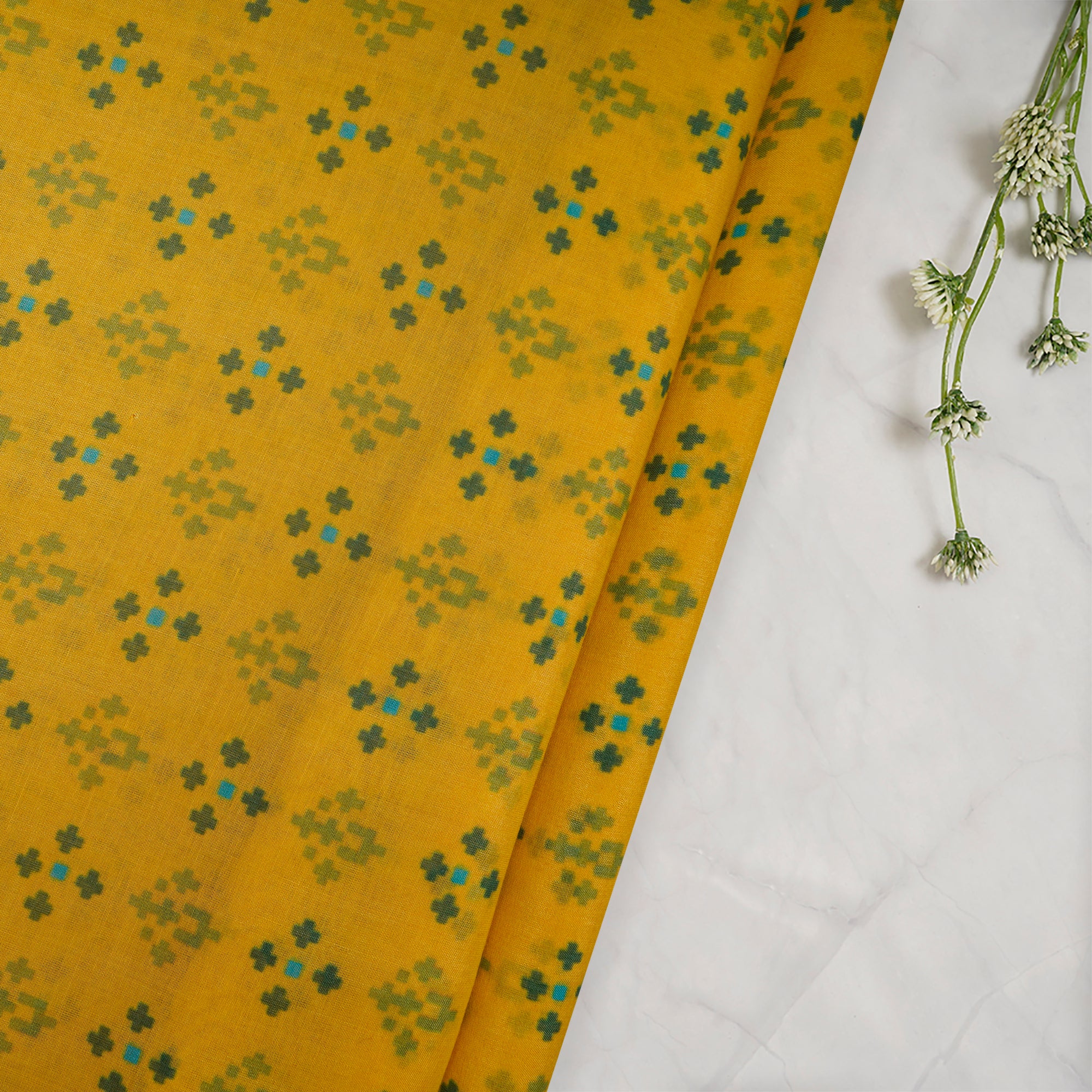 (Pre-Cut 2.80 Mtr)Yellow Patola Pattern Digital Printed Fine Chanderi Fabric